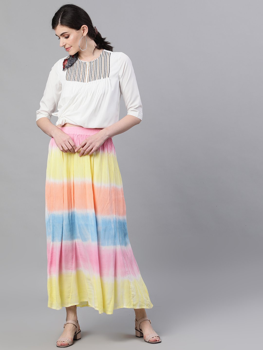 Ishin Women's Cotton Multicolor Tie & Dye Maxi Flared Skirt
