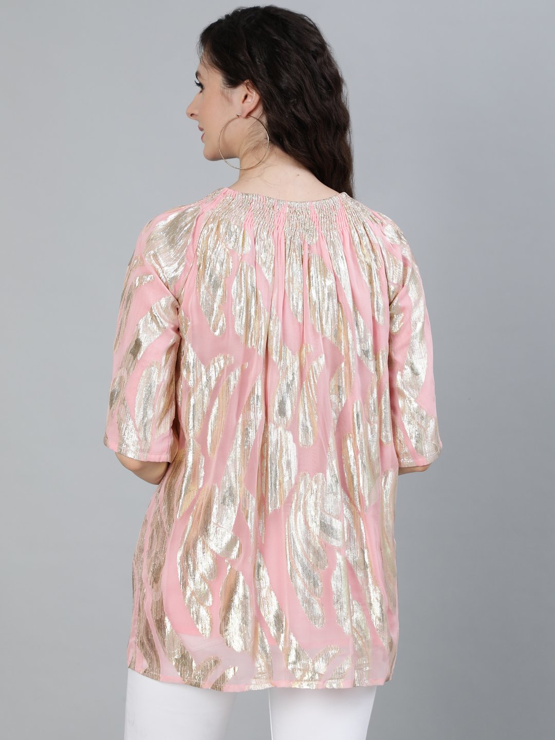 Ishin Women's Pink Shimmer Weave A-Line Top
