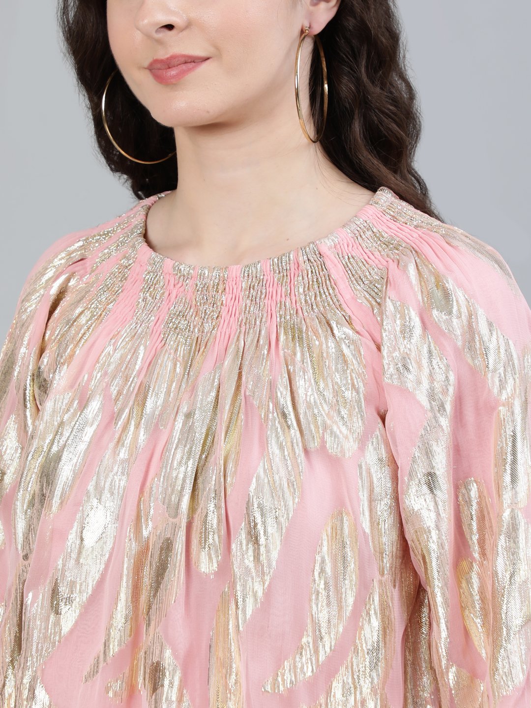 Ishin Women's Pink Shimmer Weave A-Line Top