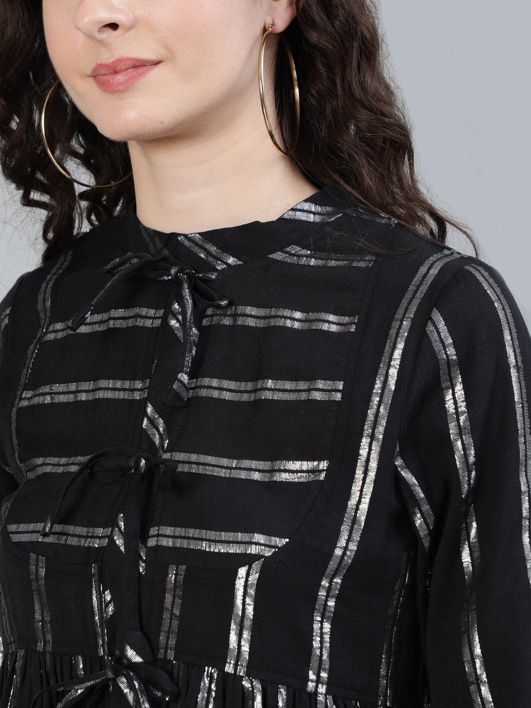 Ishin Women's Black Striped Shimmer Weave A-Line Top