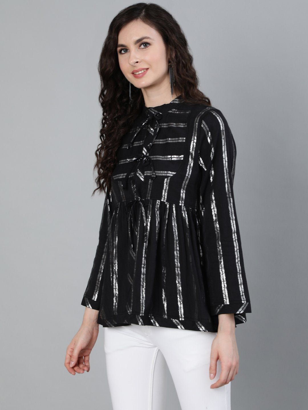 Ishin Women's Black Striped Shimmer Weave A-Line Top