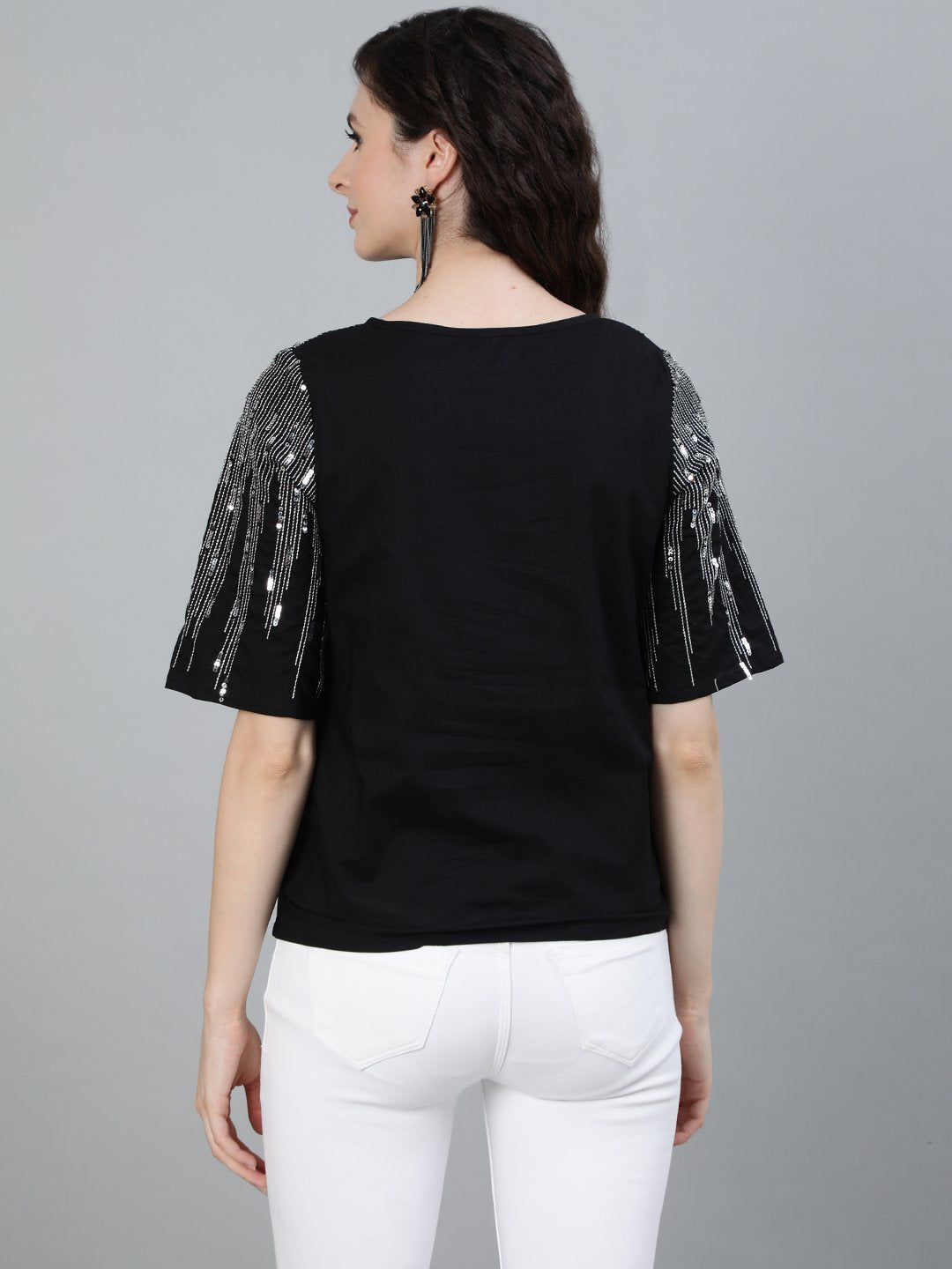 Ishin Women's Black Sequin Embroidered Top
