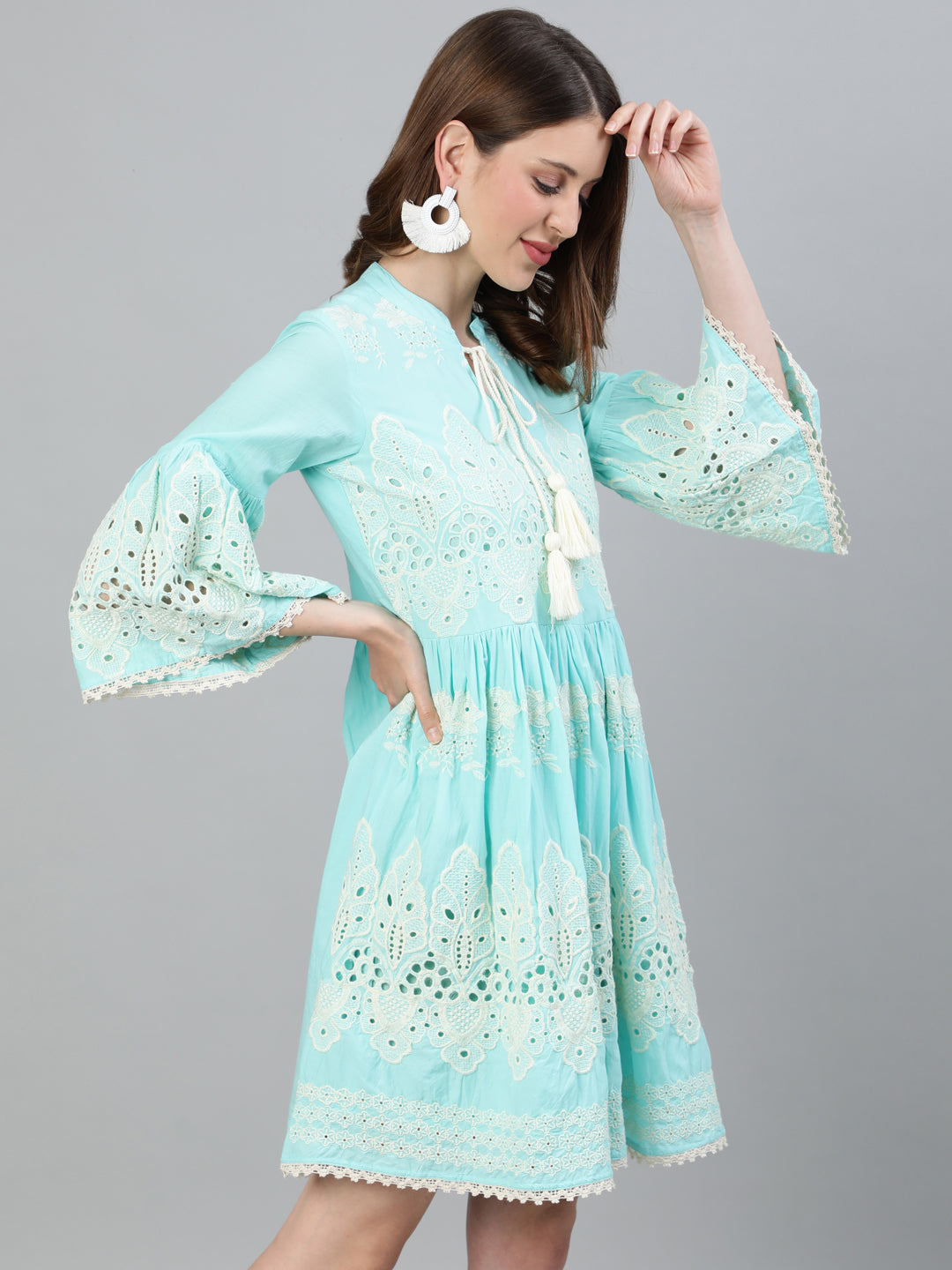 Ishin Women's Cotton Sea Green Schiffli Embroidered A-Line Dress