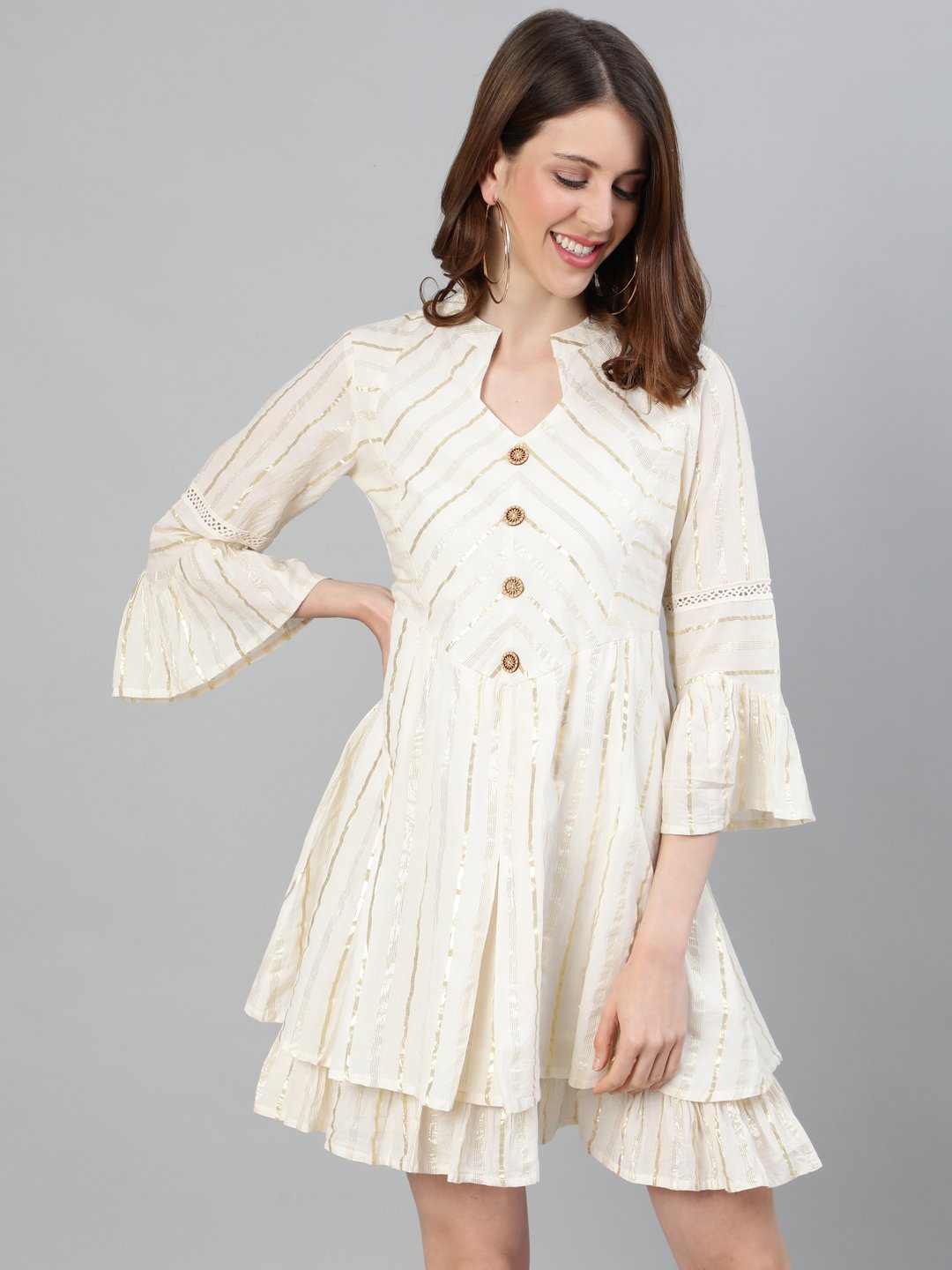 Ishin Women's Cotton Off White Lurex Embellished A-Line Layered Dress
