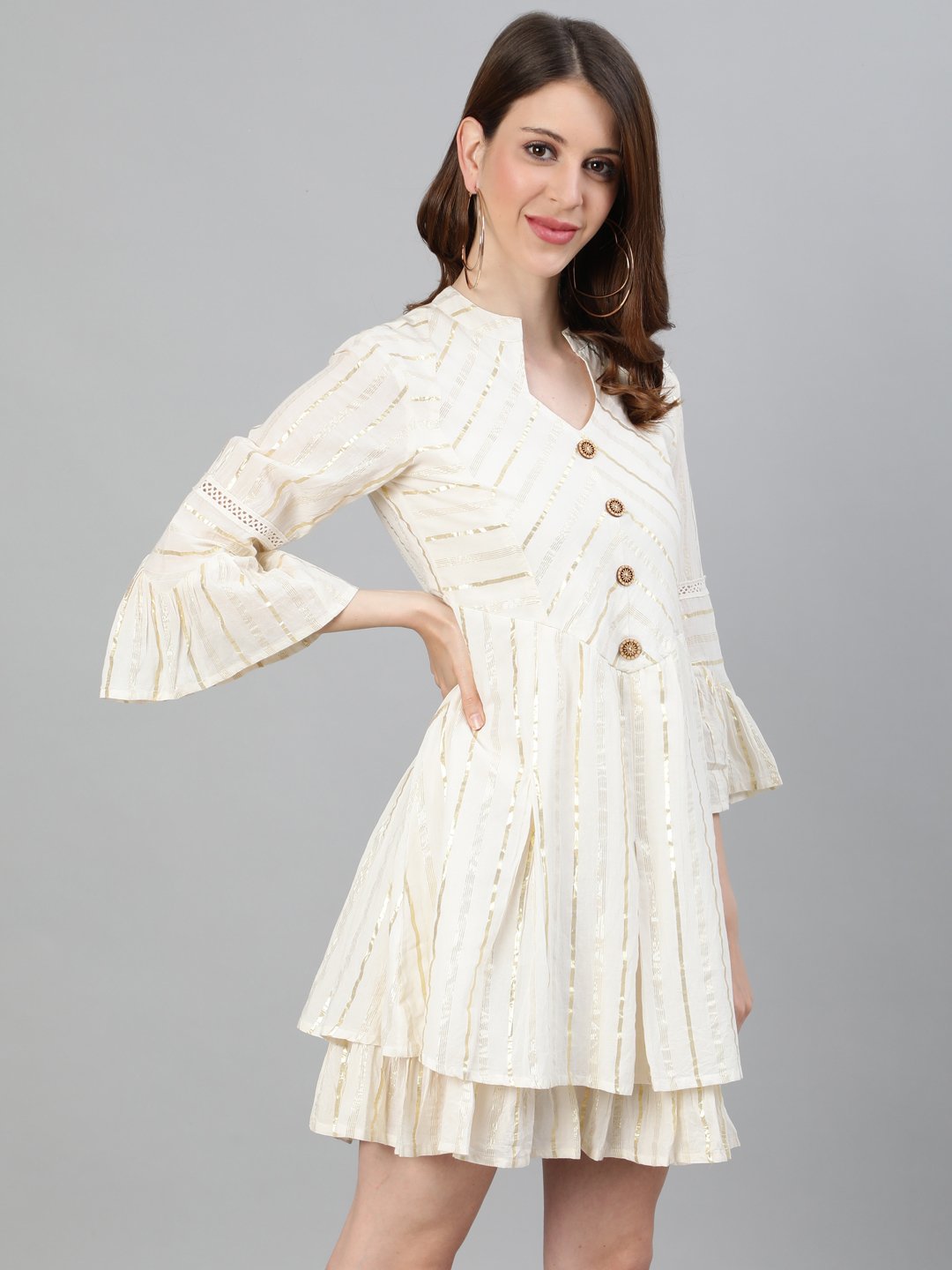 Ishin Women's Cotton Off White Lurex Embellished A-Line Layered Dress