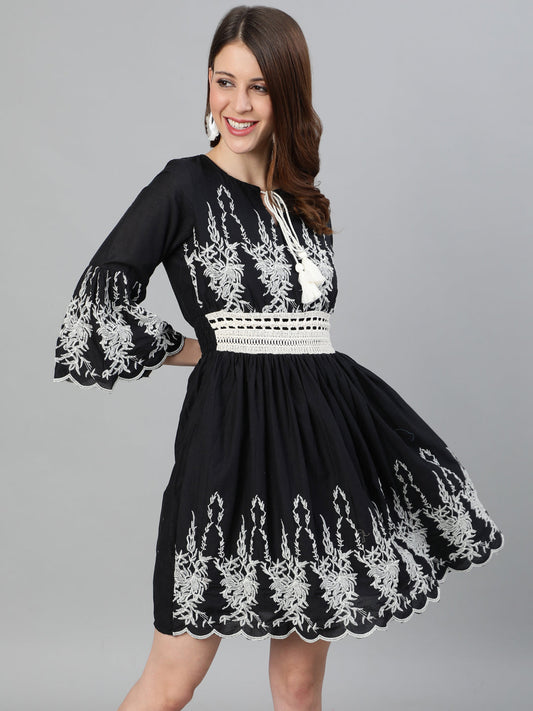 Ishin Women's Cotton Black Embroidered A-Line Dress