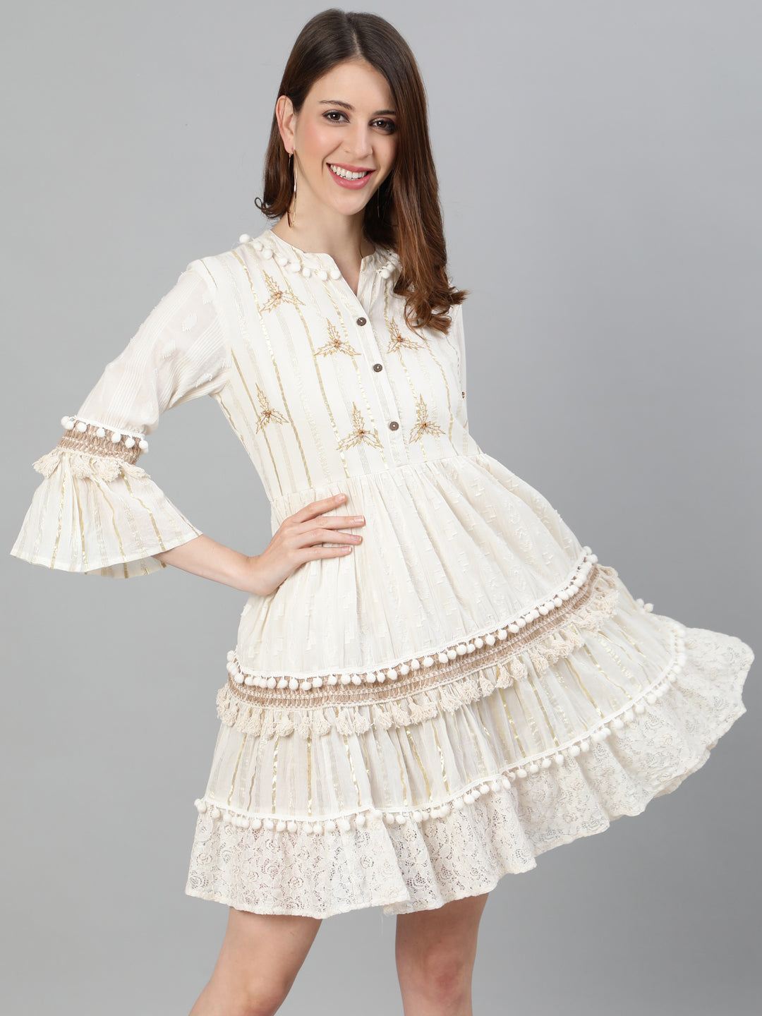 Ishin Women's Cotton Off White Lurex Embroidered A-Line Dress