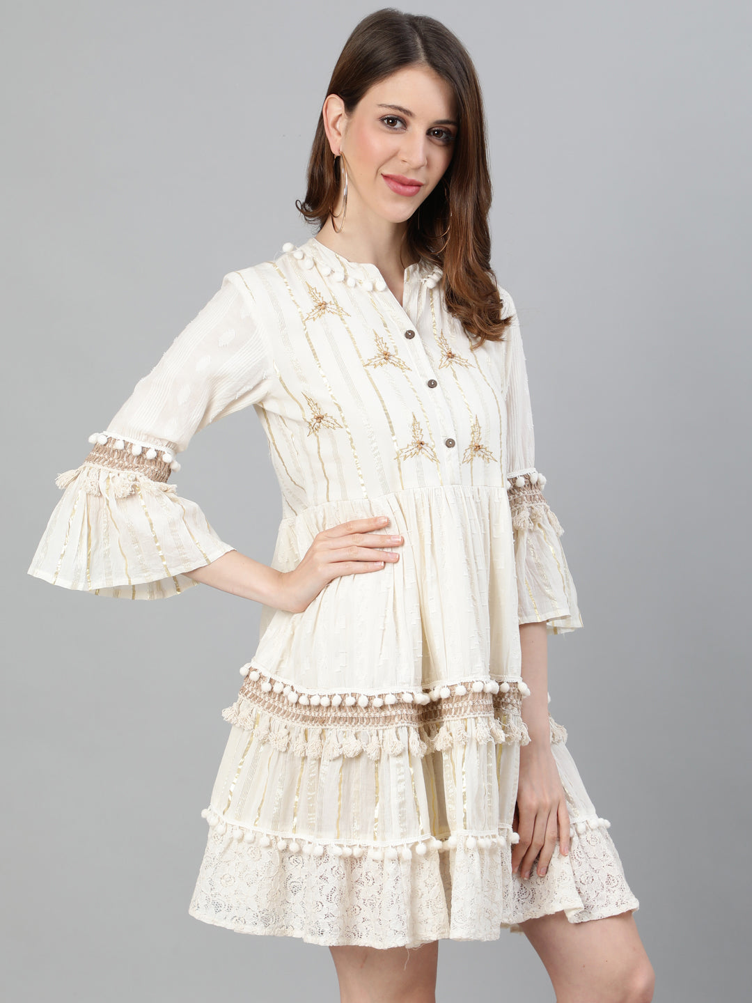 Ishin Women's Cotton Off White Lurex Embroidered A-Line Dress