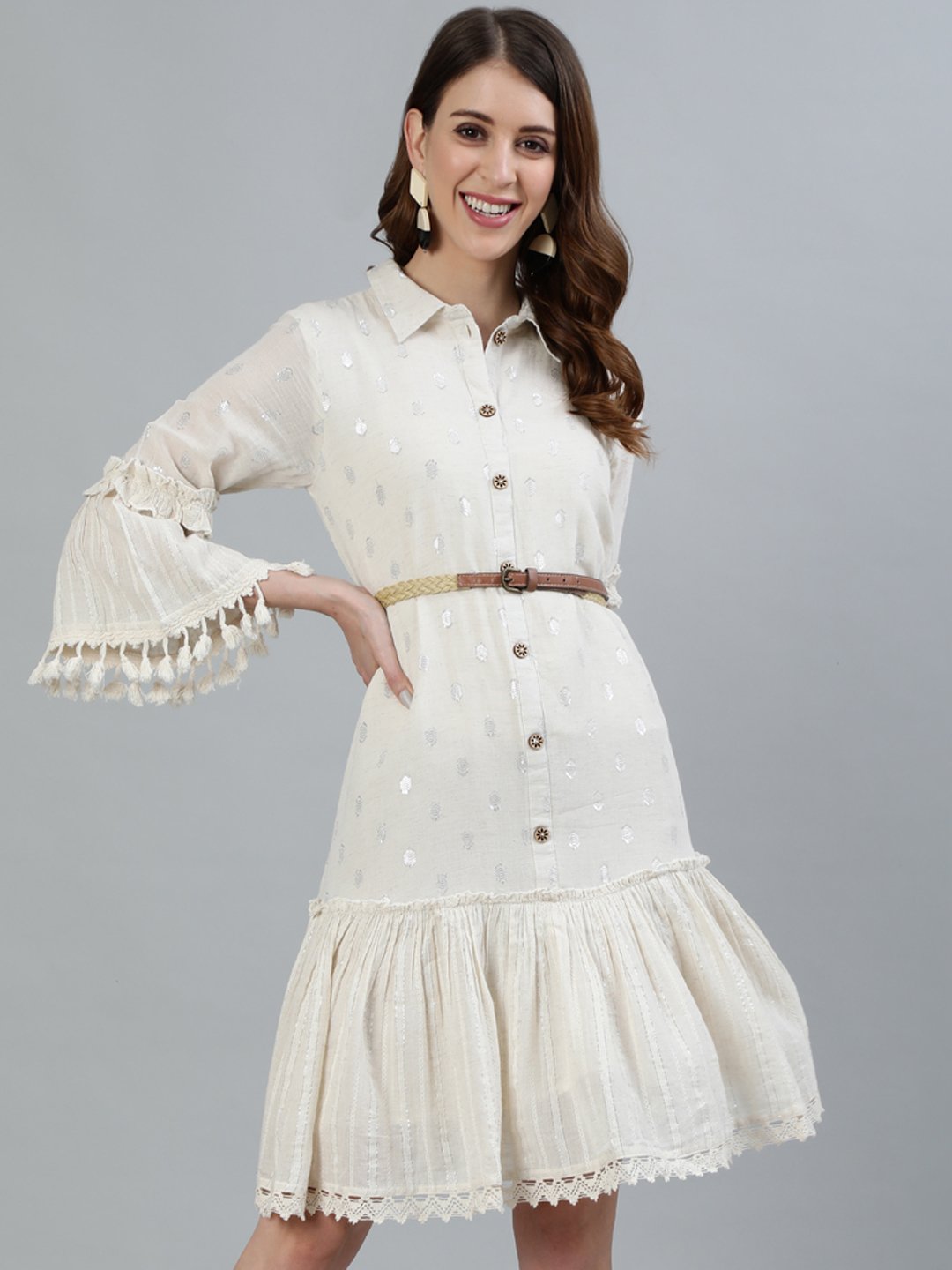 Ishin Women's Cotton Off White Embellished A-Line Dress