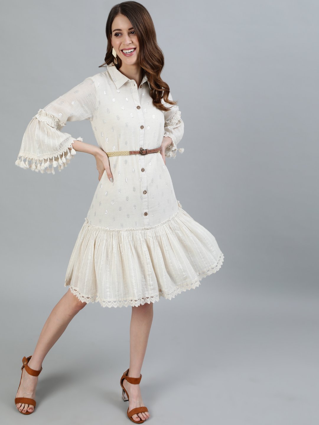 Ishin Women's Cotton Off White Embellished A-Line Dress
