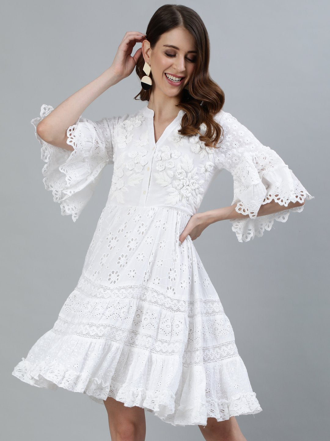 Ishin Women's Cotton White Schiffli Embroidered A-Line Dress