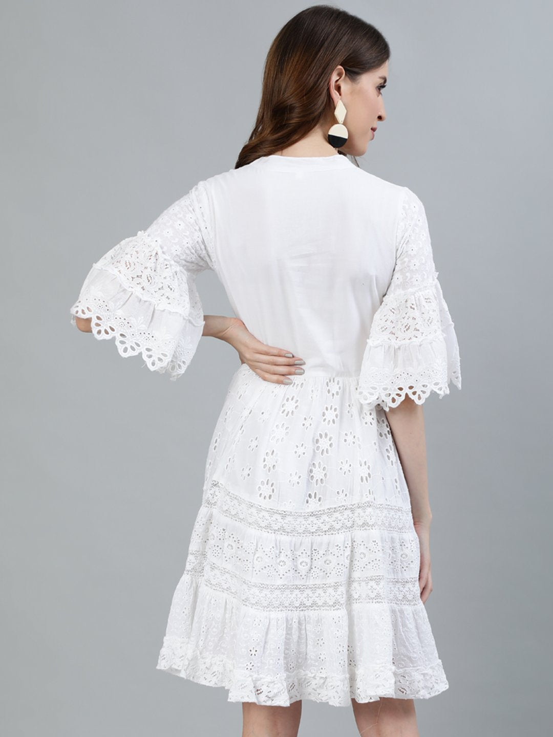 Ishin Women's Cotton White Schiffli Embroidered A-Line Dress