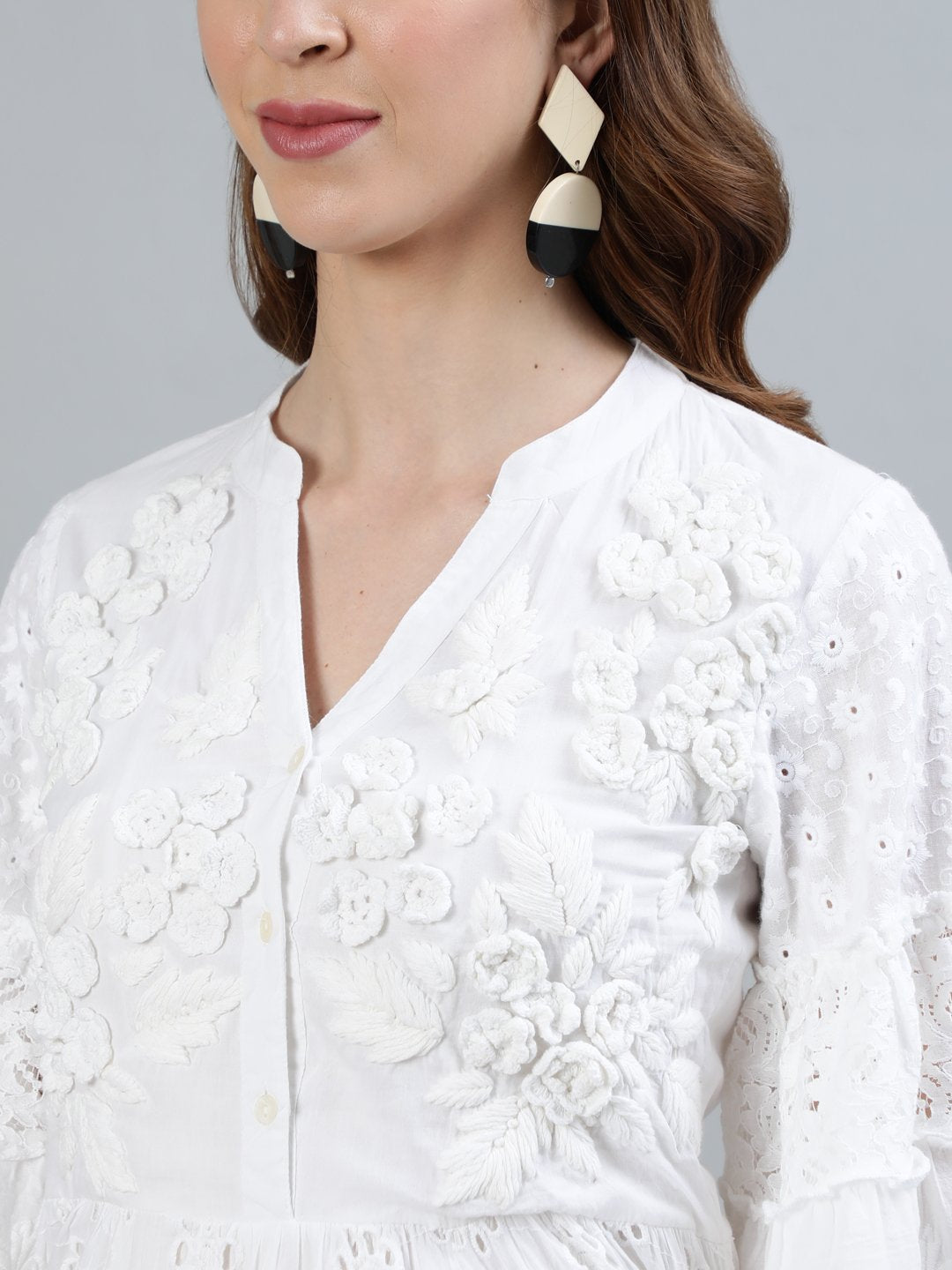Ishin Women's Cotton White Schiffli Embroidered A-Line Dress
