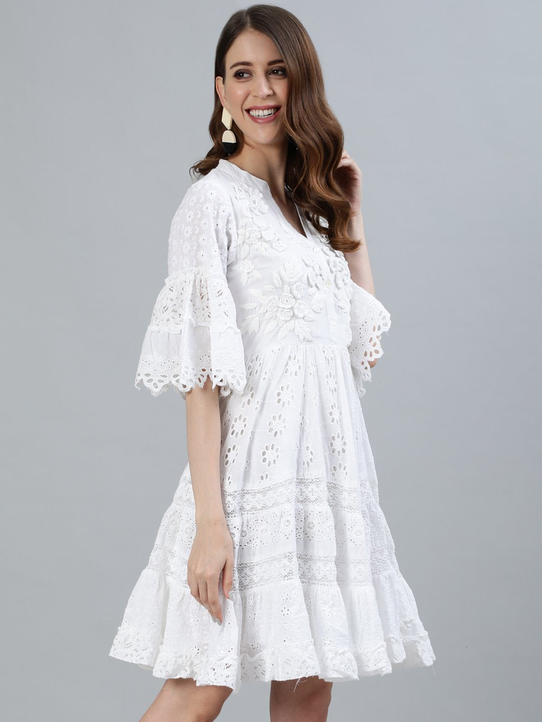 Ishin Women's Cotton White Schiffli Embroidered A-Line Dress