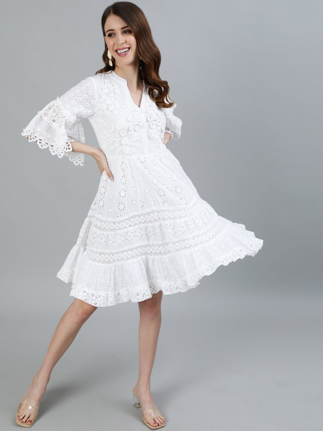 Ishin Women's Cotton White Schiffli Embroidered A-Line Dress
