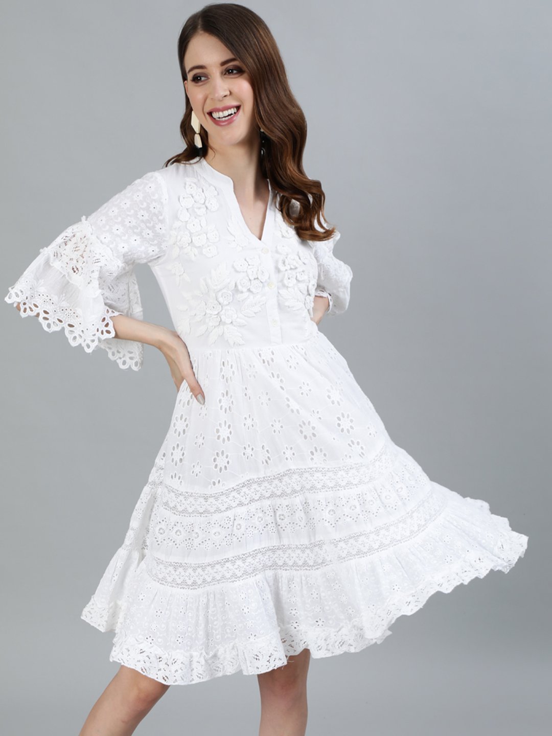 Ishin Women's Cotton White Schiffli Embroidered A-Line Dress