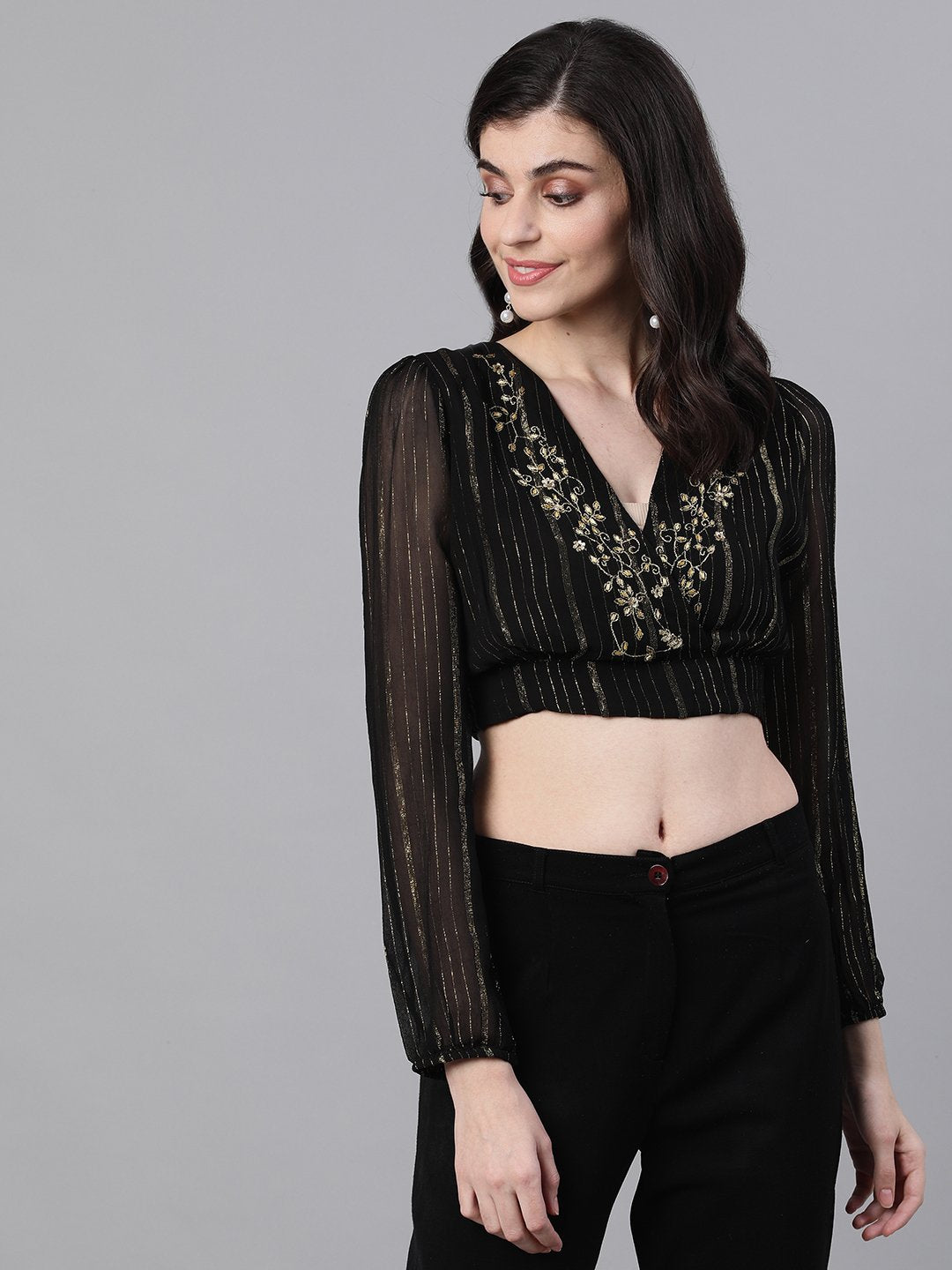 Ishin Women's Polyester Black Lurex Embellished Jewel Neck Crop Top