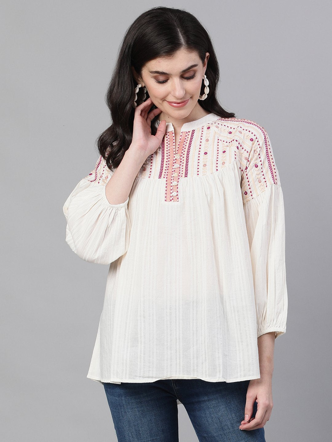 Ishin Women's Cotton White Embroidered Top