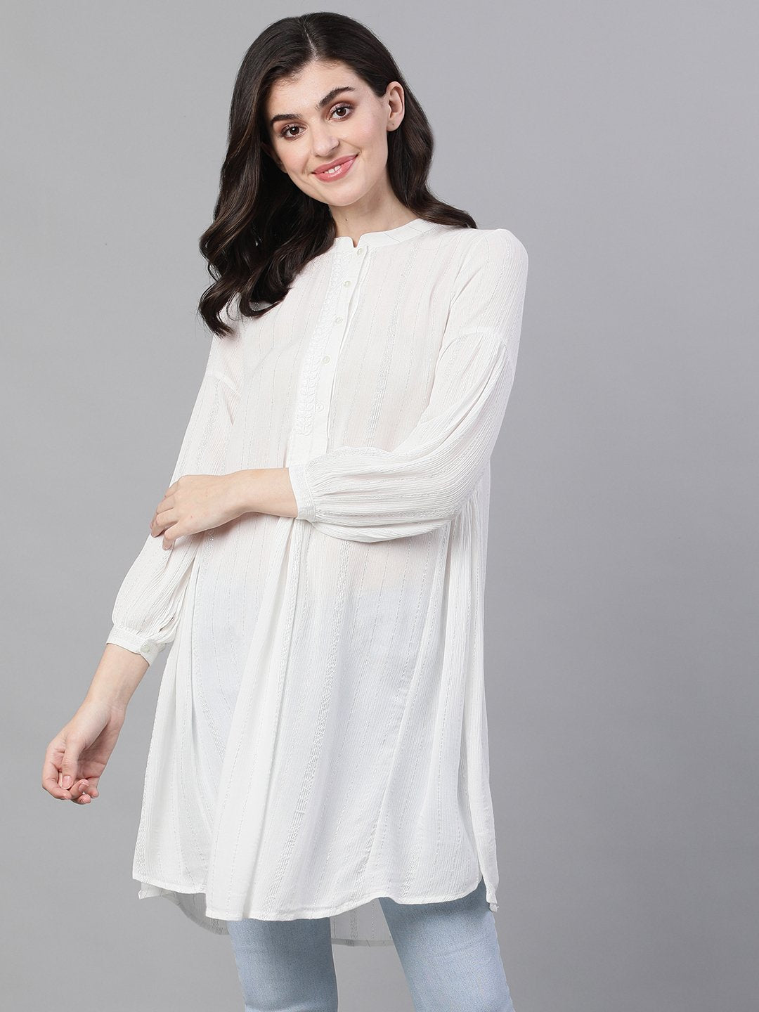 Ishin Women's Polyester White Solid With Lurex Top