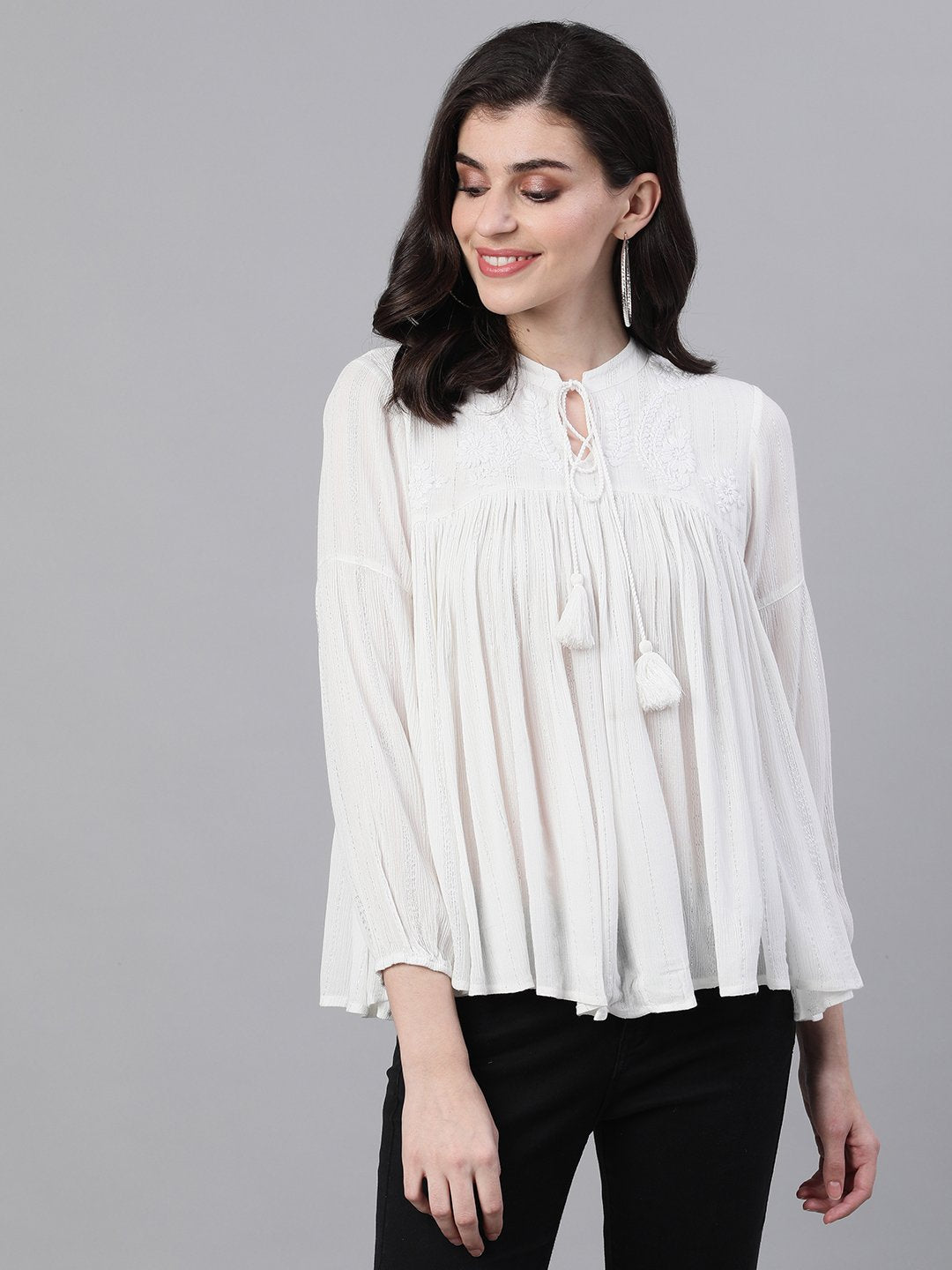 Ishin Women's Polyester White Lurex Embroidered Top