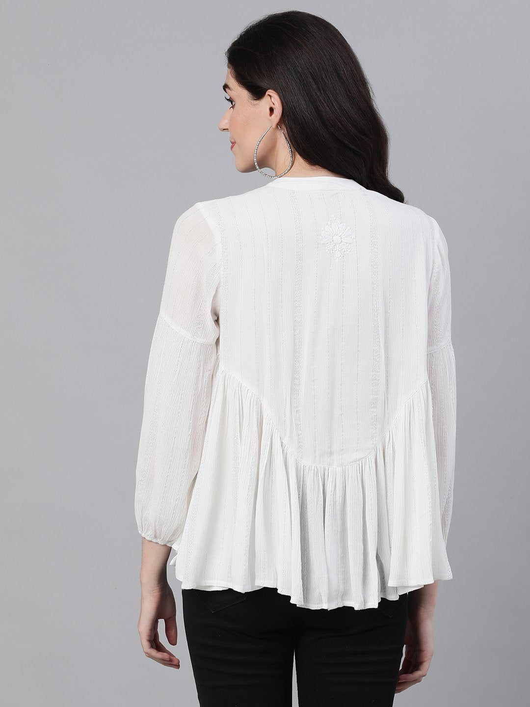 Ishin Women's Polyester White Lurex Embroidered Top