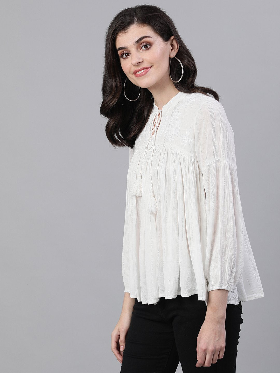 Ishin Women's Polyester White Lurex Embroidered Top