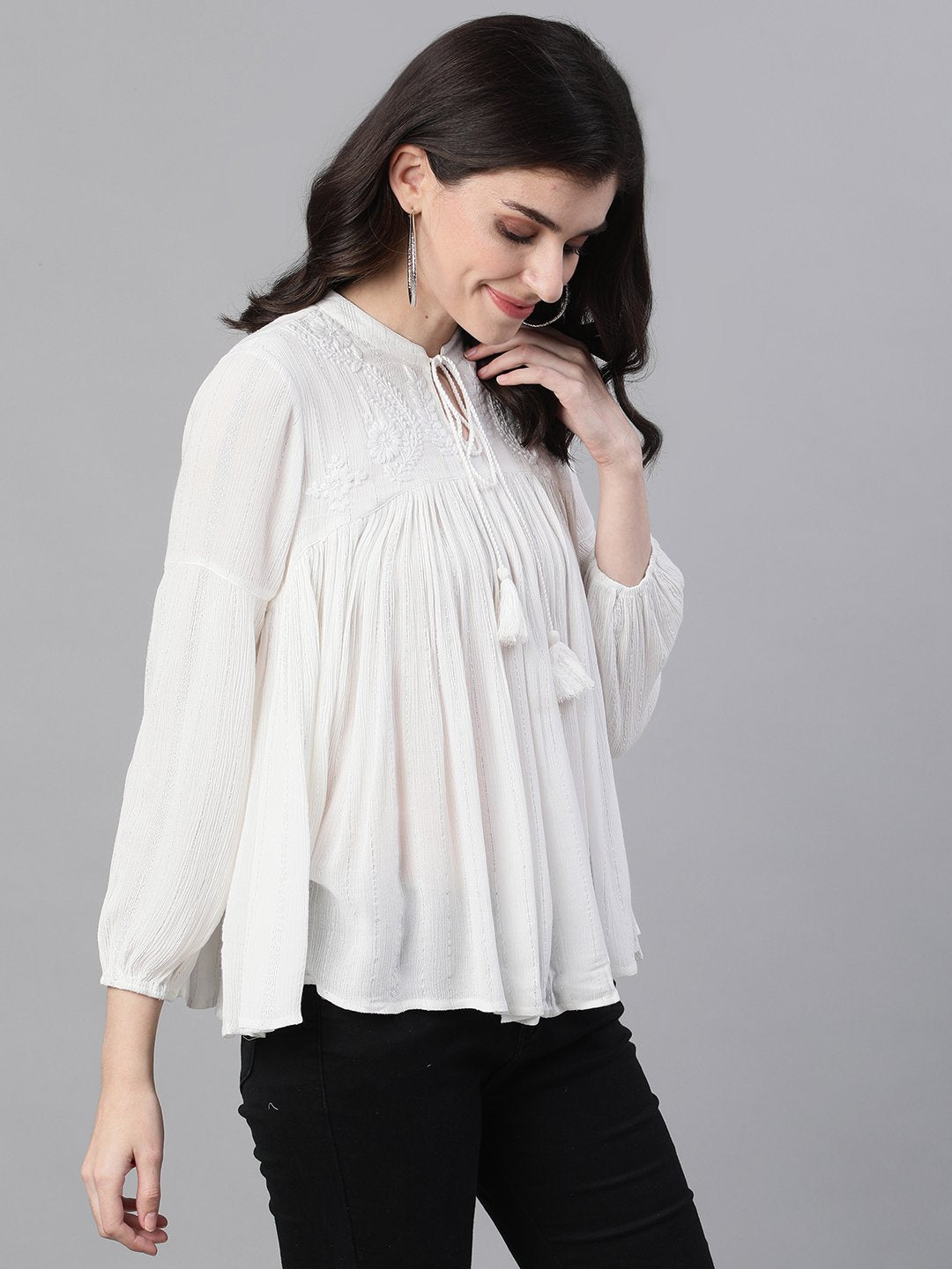 Ishin Women's Polyester White Lurex Embroidered Top