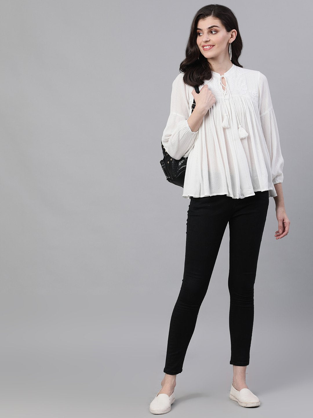 Ishin Women's Polyester White Lurex Embroidered Top