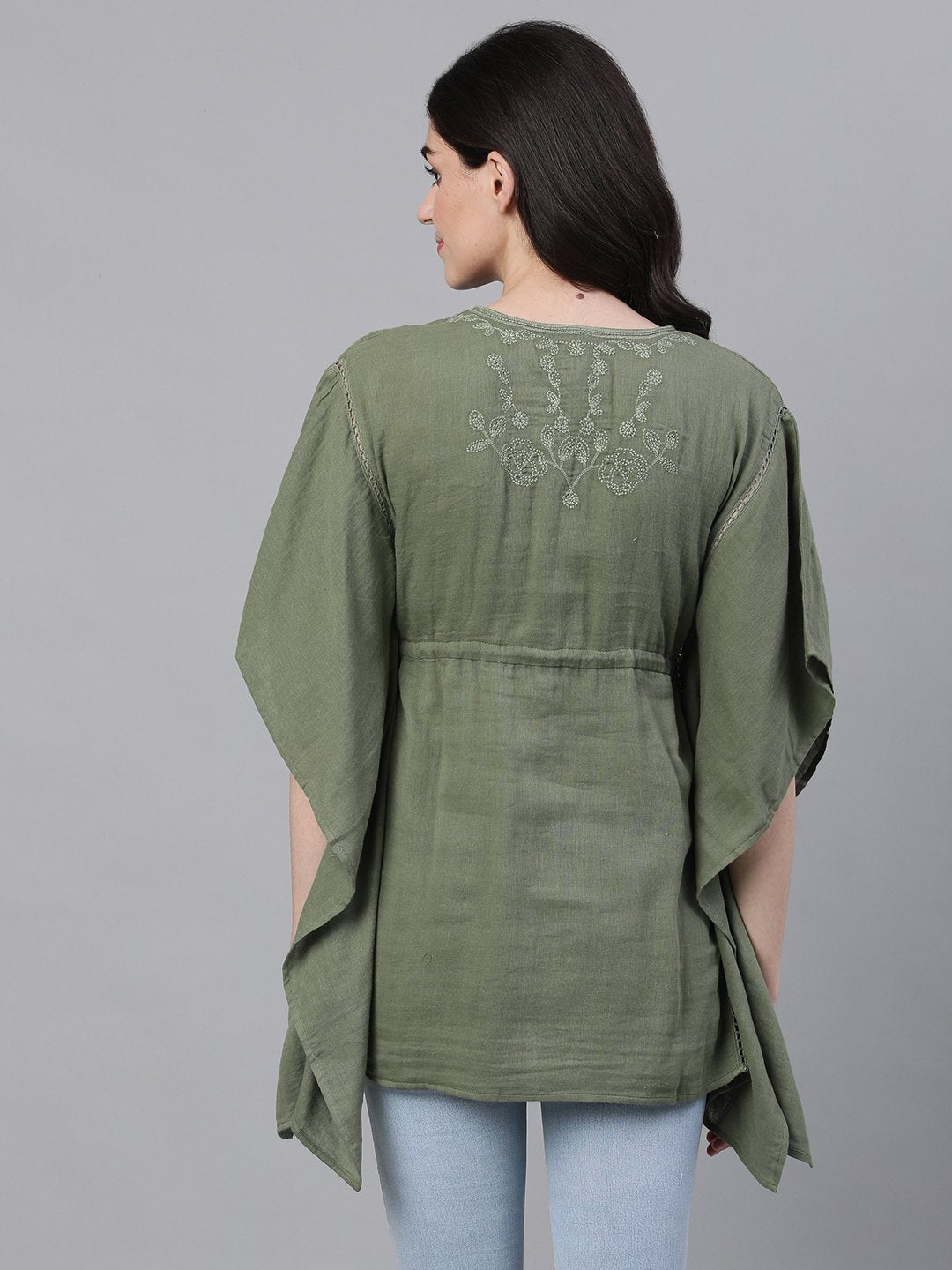 Ishin Women's Cotton Olive Green Embroidered Waist Tie-Up Kaftan Top