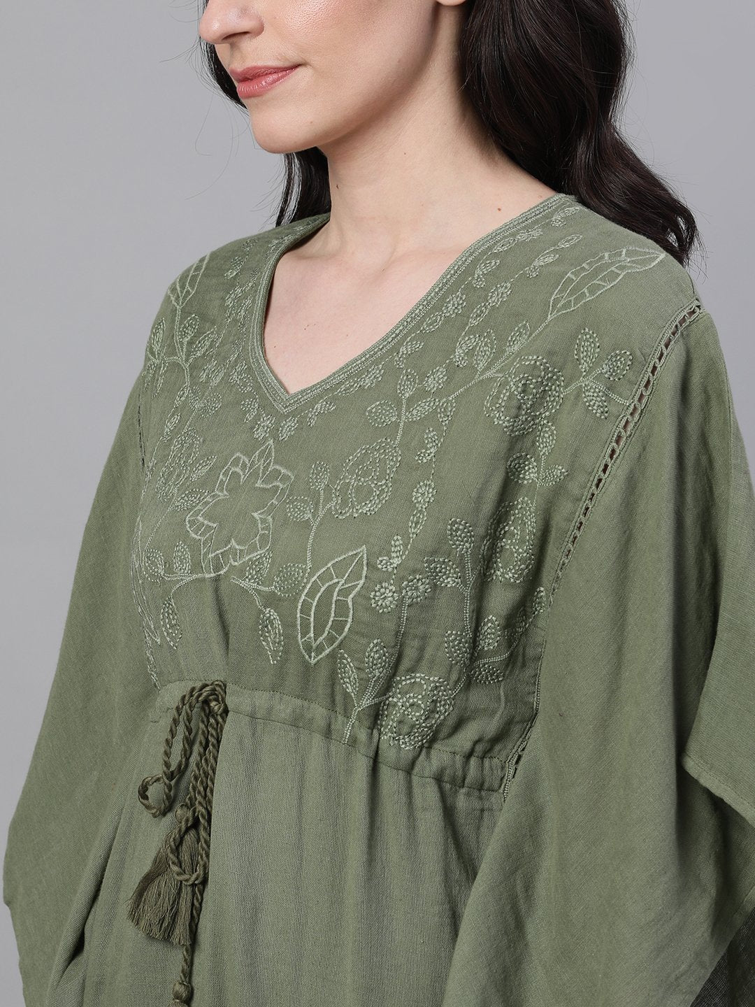 Ishin Women's Cotton Olive Green Embroidered Waist Tie-Up Kaftan Top