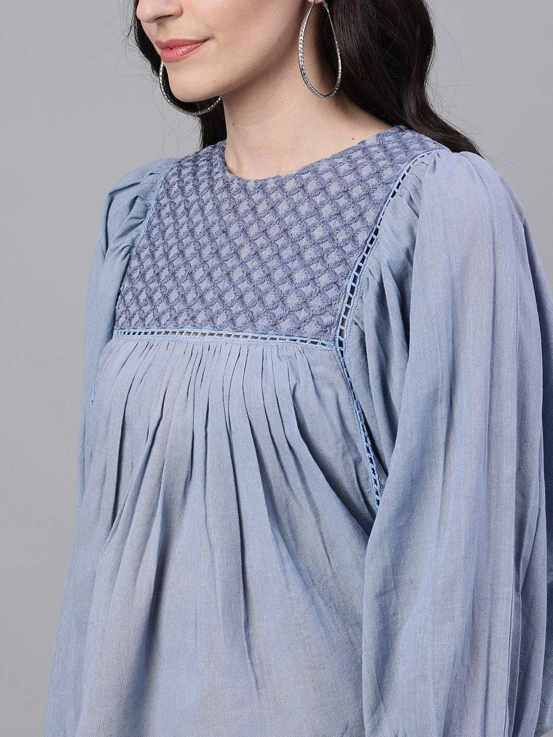 Ishin Women's Cotton Blue Embroidered Butterfly Top