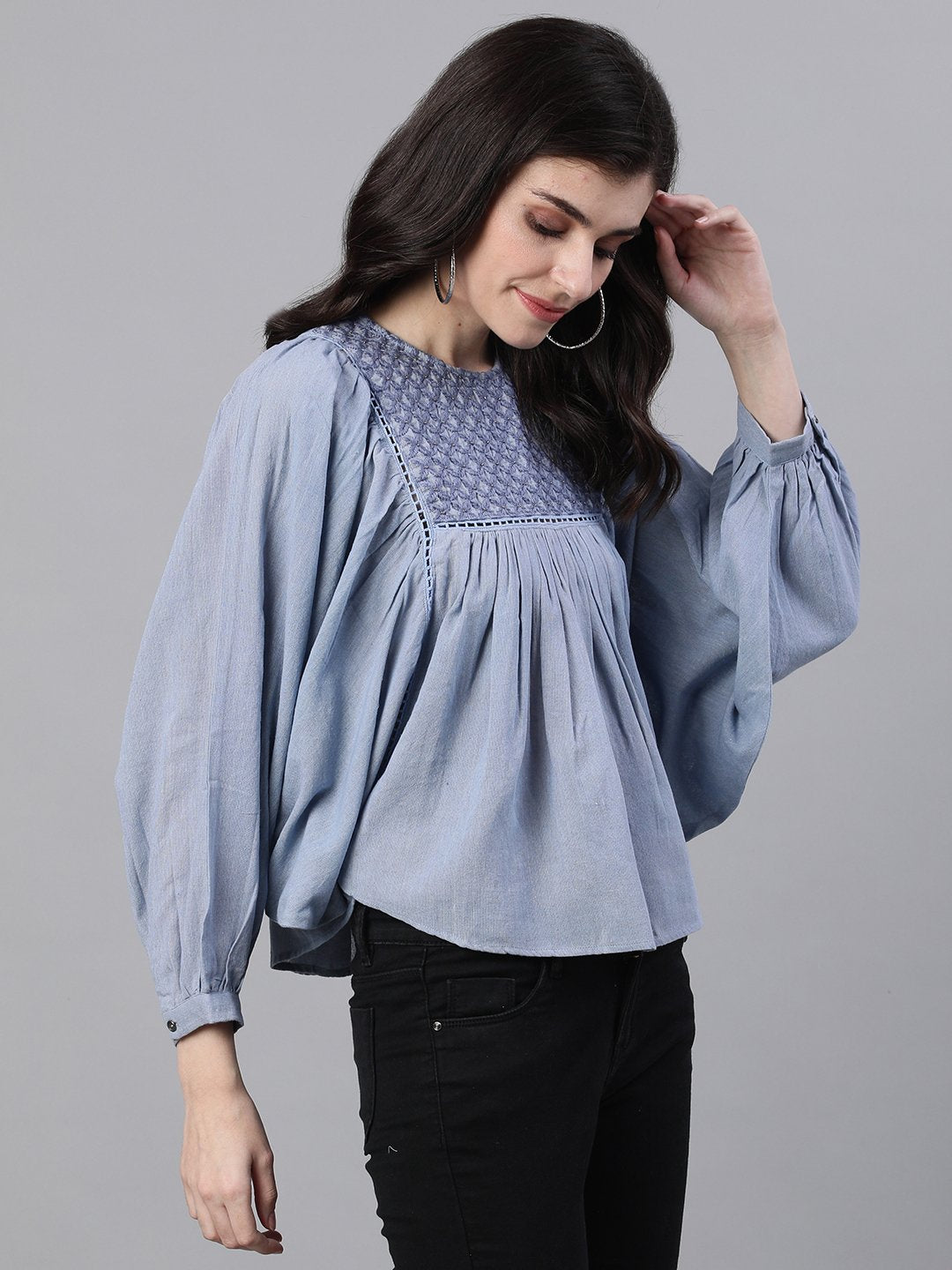 Ishin Women's Cotton Blue Embroidered Butterfly Top