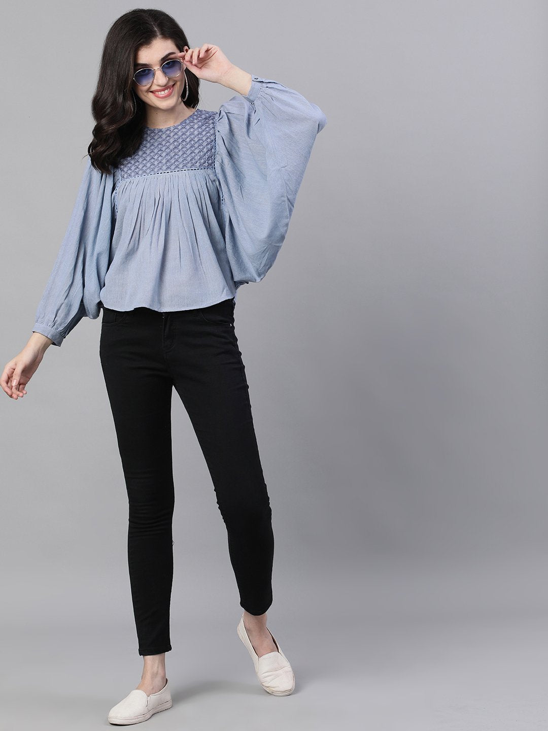 Ishin Women's Cotton Blue Embroidered Butterfly Top