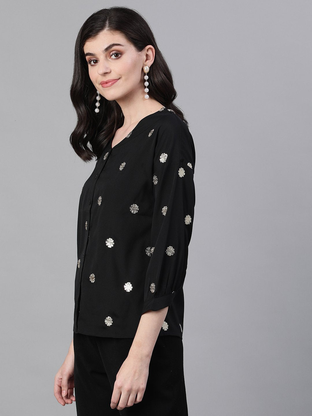 Ishin Women's Poly Crepe Black Embellished Shirt Style Top 