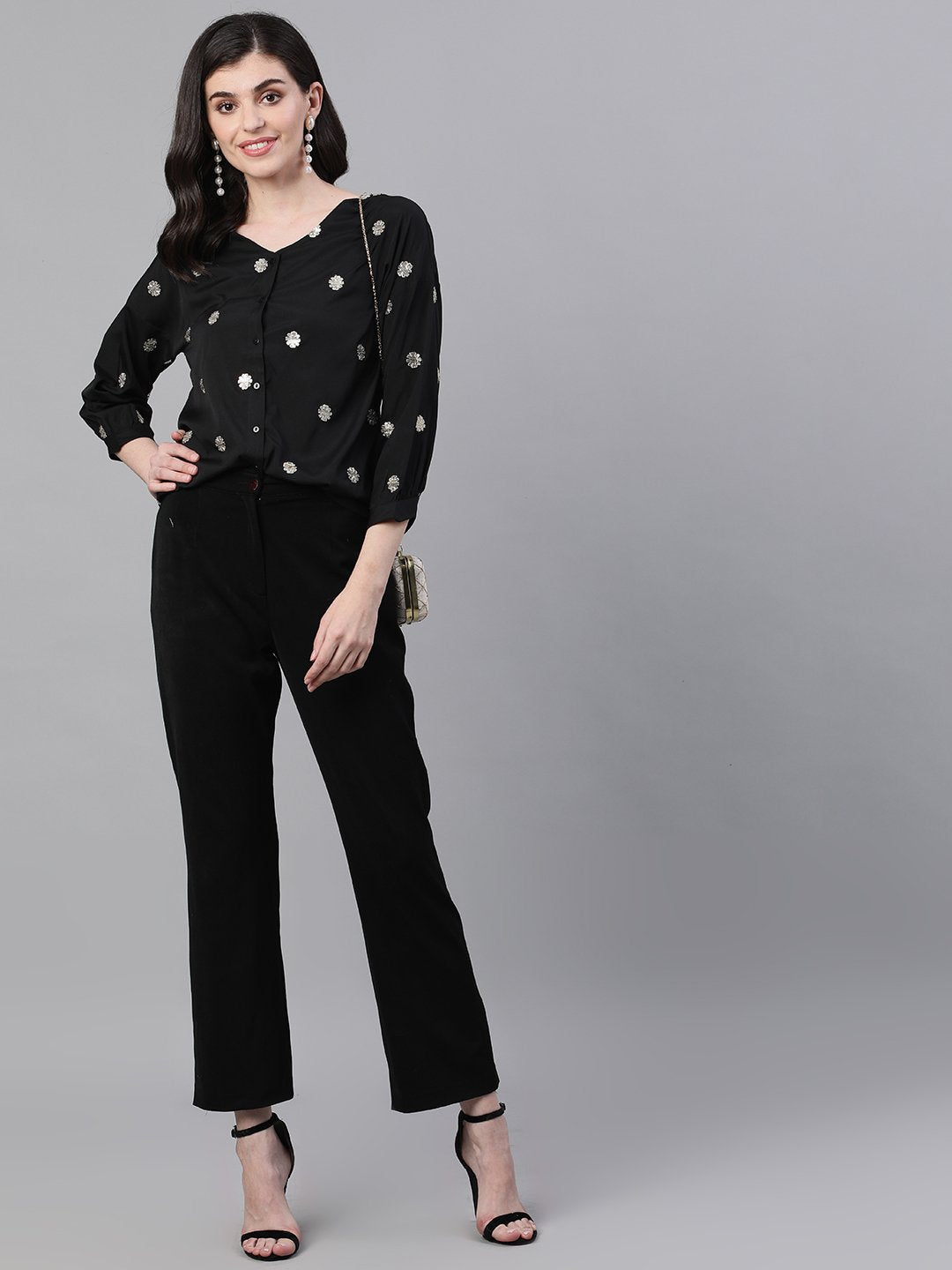 Ishin Women's Poly Crepe Black Embellished Shirt Style Top