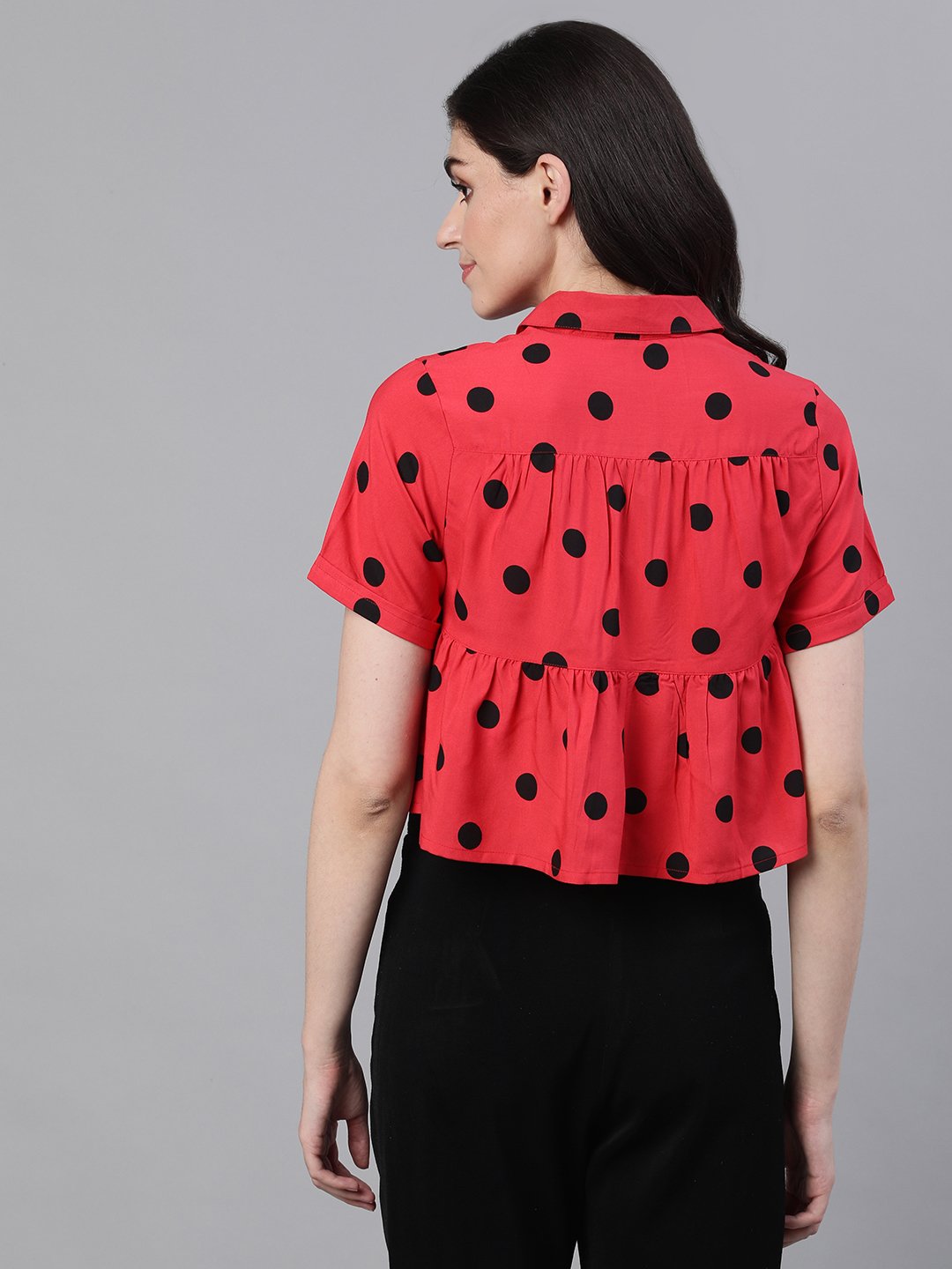 Ishin Women's Rayon Red Polka Dot Printed Top