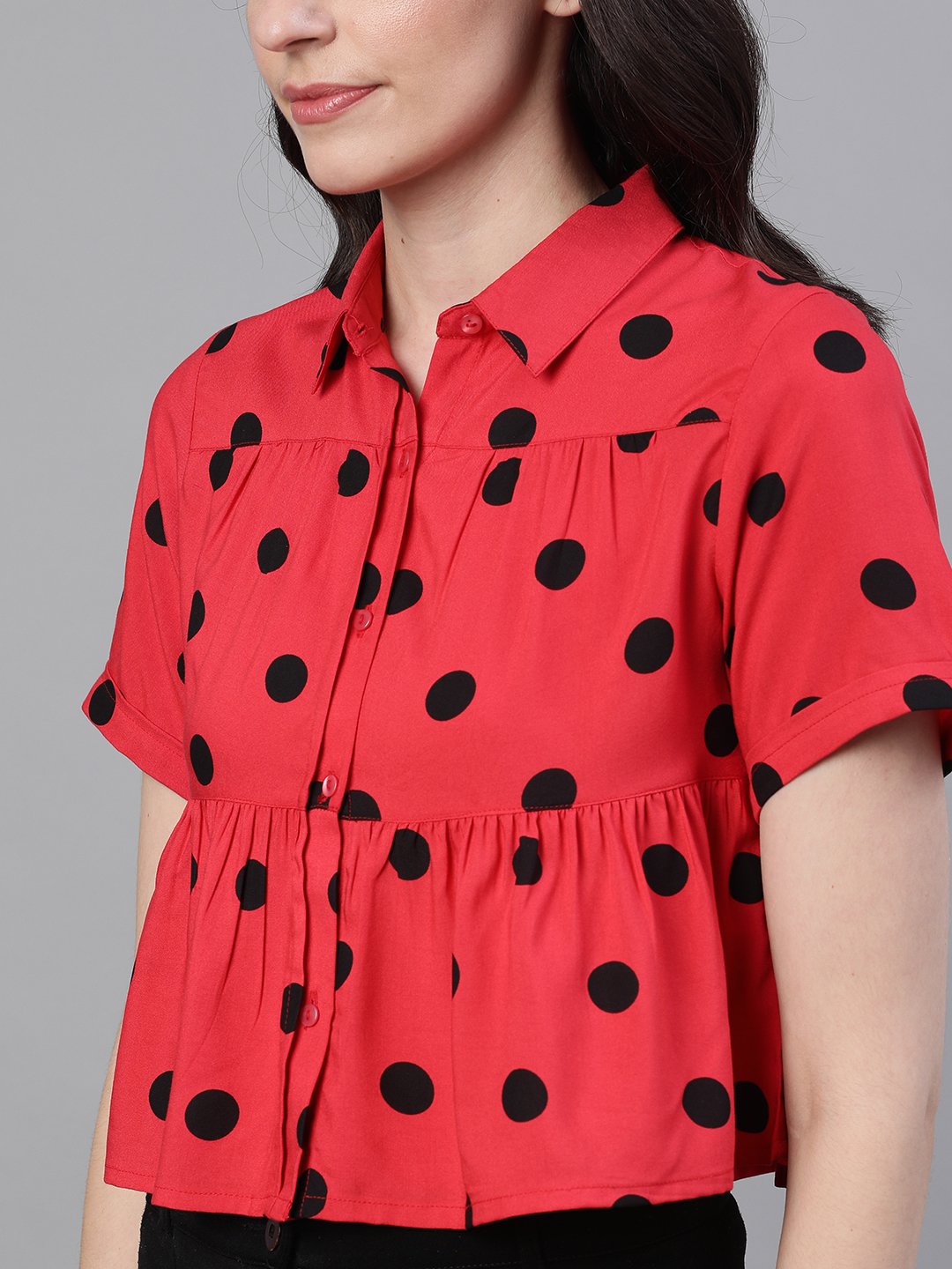 Ishin Women's Rayon Red Polka Dot Printed Top