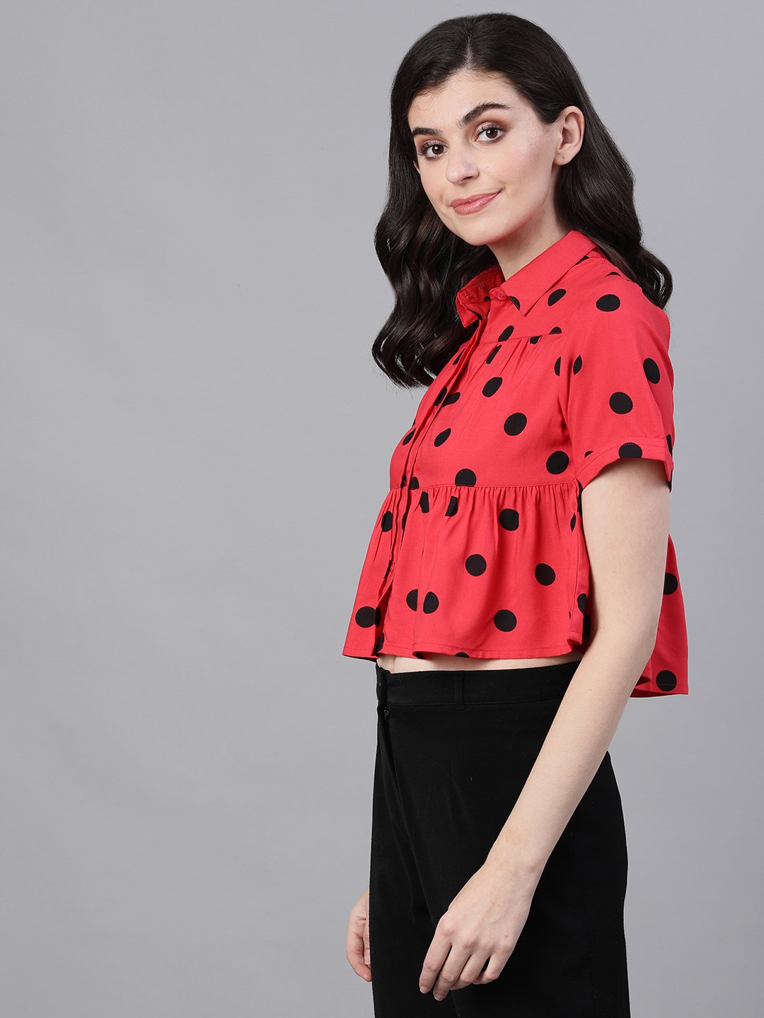 Ishin Women's Rayon Red Polka Dot Printed Top