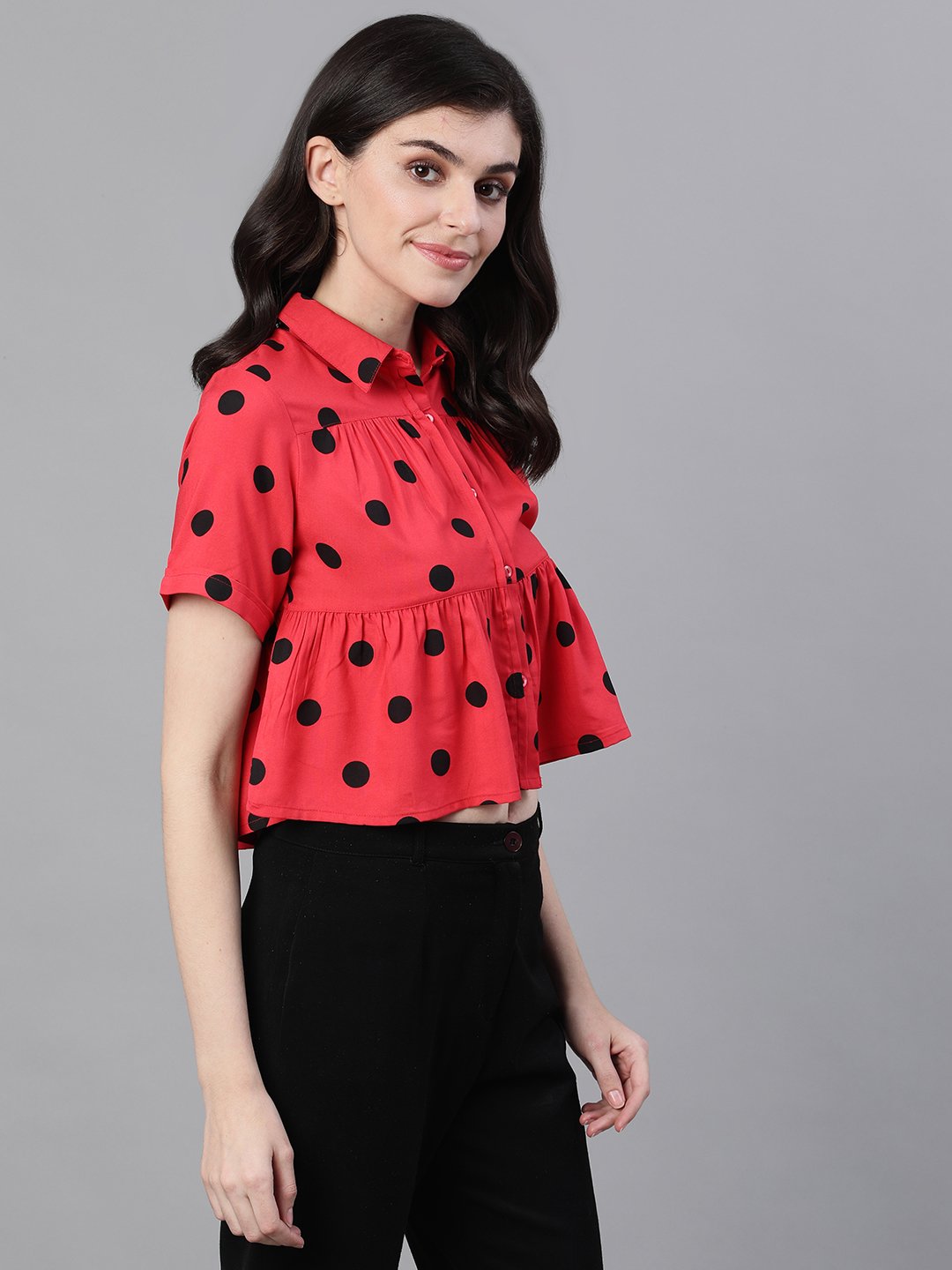 Ishin Women's Rayon Red Polka Dot Printed Top