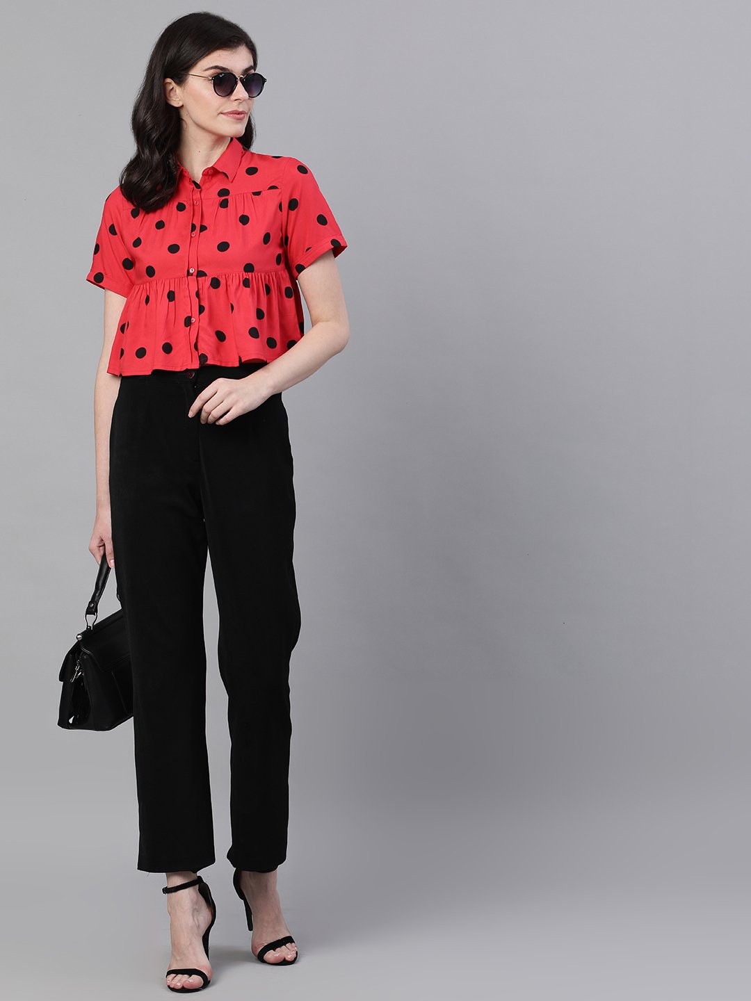 Ishin Women's Rayon Red Polka Dot Printed Top