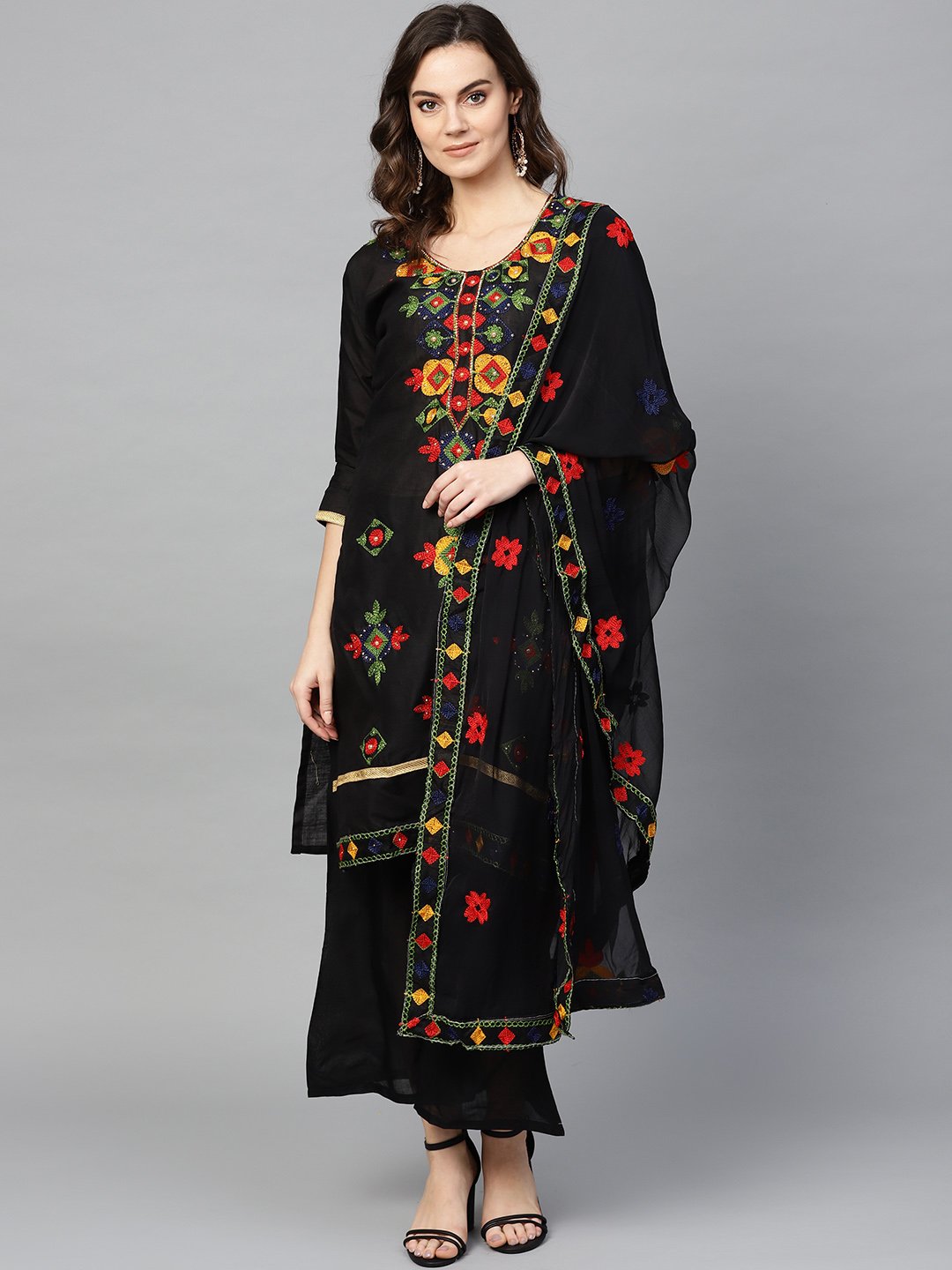 Ishin Women's Poly Cotton Black Embroidered A-Line Kurta Palazzo Dupatta Set