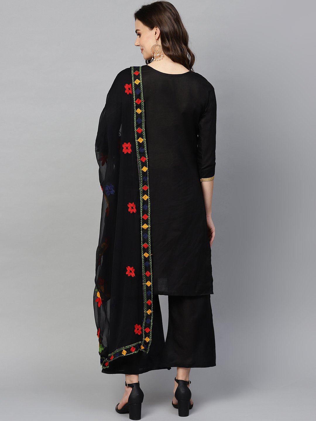 Ishin Women's Poly Cotton Black Embroidered A-Line Kurta Palazzo Dupatta Set