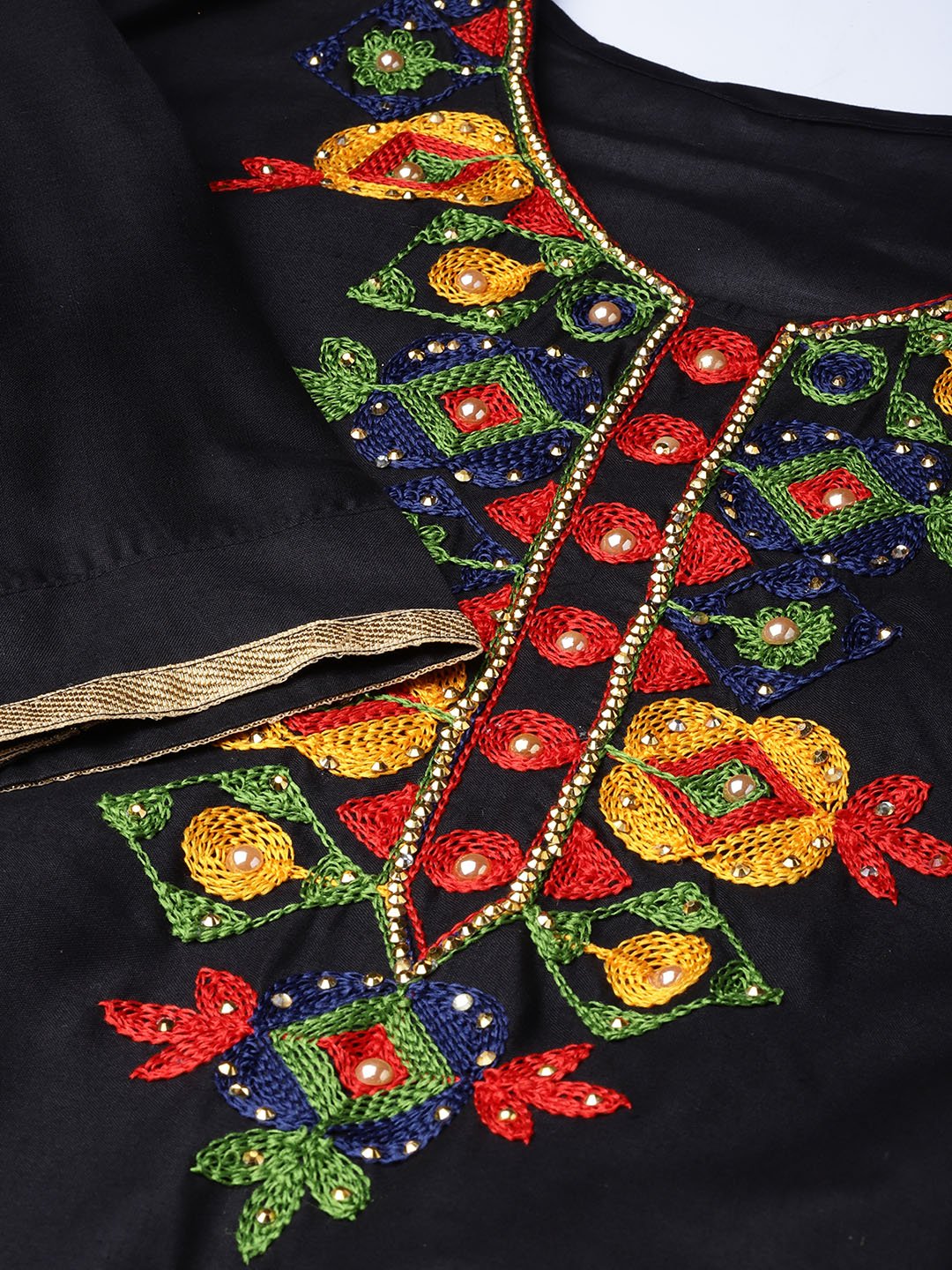 Ishin Women's Poly Cotton Black Embroidered A-Line Kurta Palazzo Dupatta Set