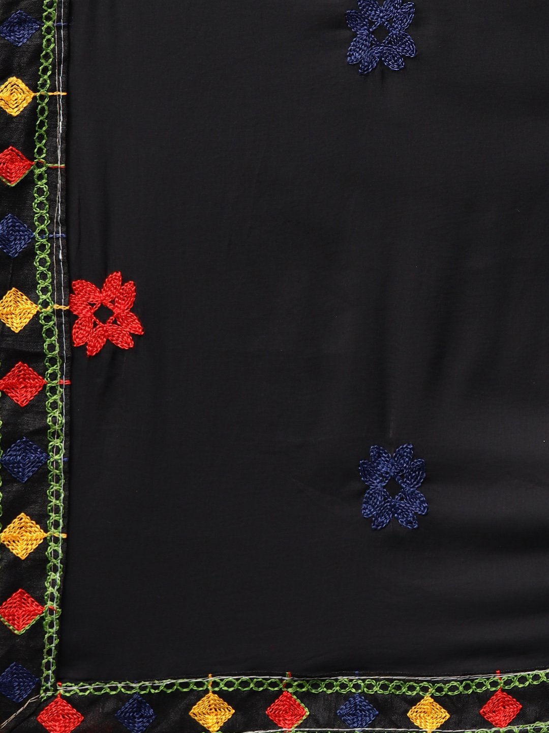 Ishin Women's Poly Cotton Black Embroidered A-Line Kurta Palazzo Dupatta Set