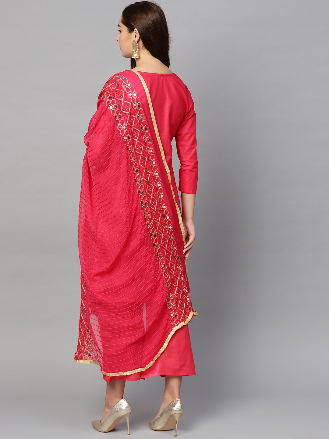 Ishin Women's Poly Cotton Pink Embroidered A-Line Kurta Palazzo Dupatta Set