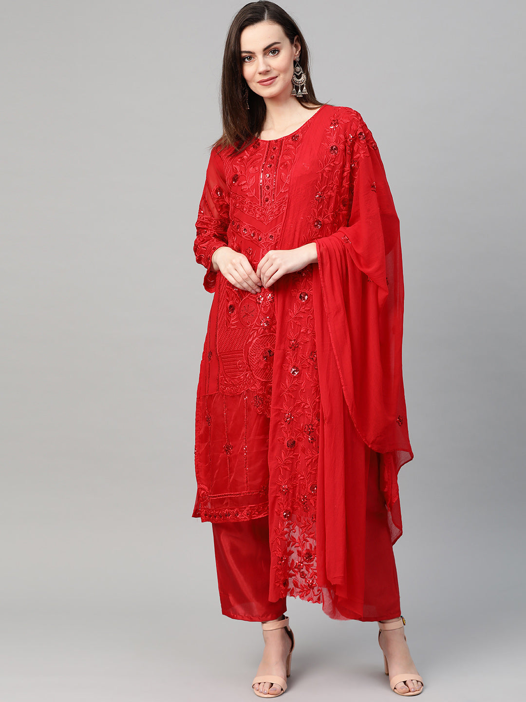 Ishin Women's Net Red Embroidered A-Line Kurta Palazzo Dupatta Set
