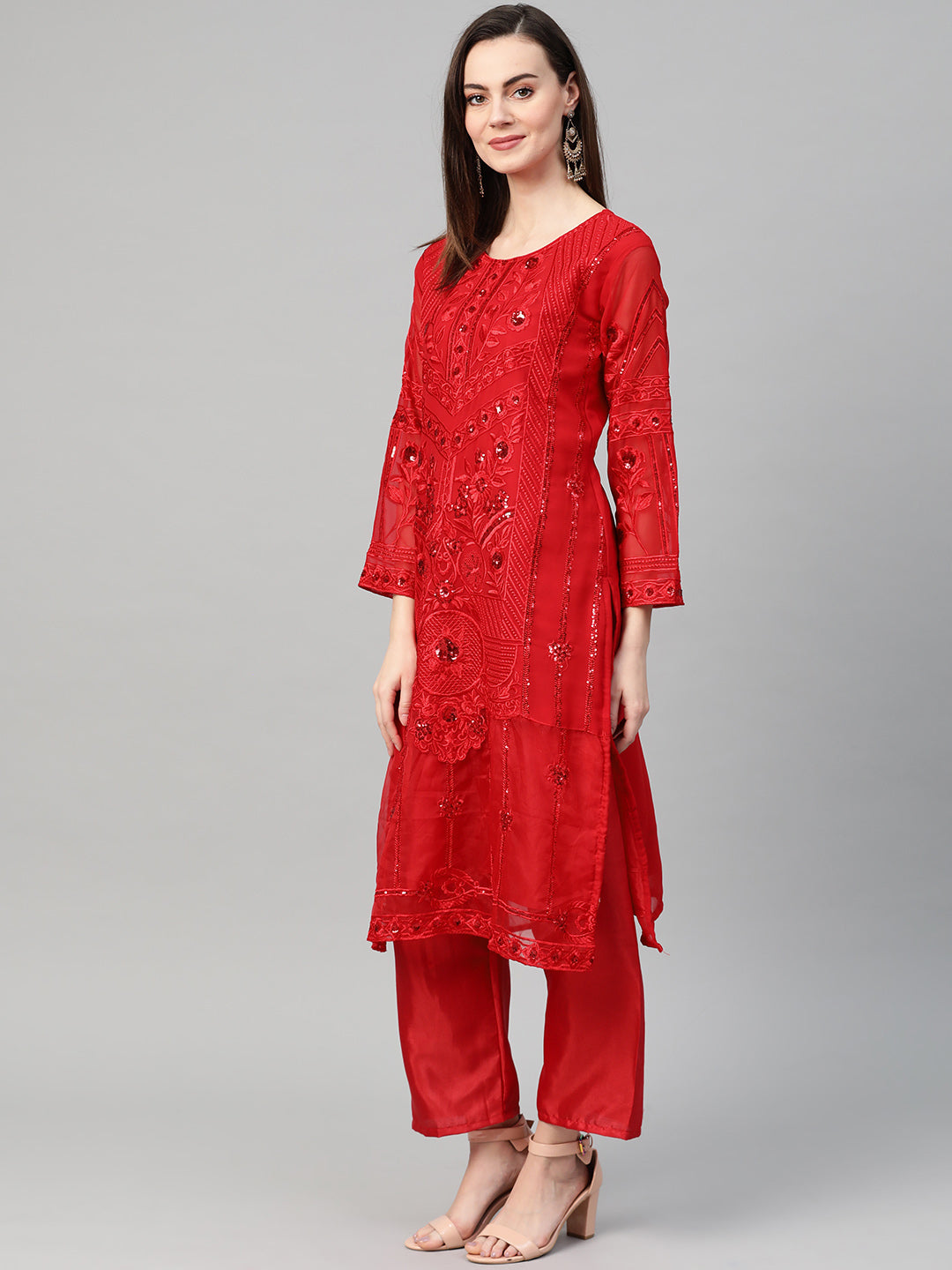Ishin Women's Net Red Embroidered A-Line Kurta Palazzo Dupatta Set