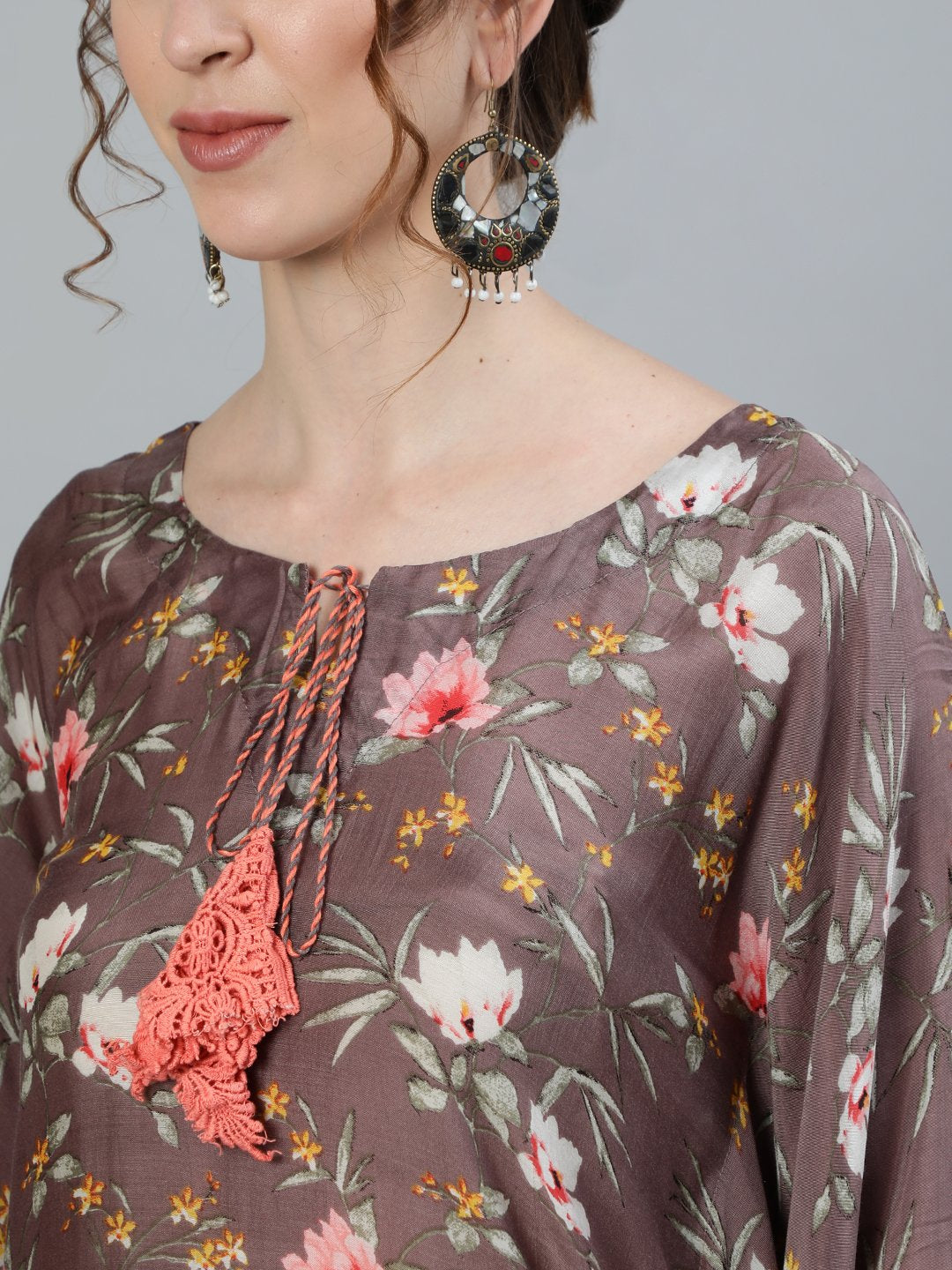 Ishin Women's Silk Brown Embellished Kaftan Dress