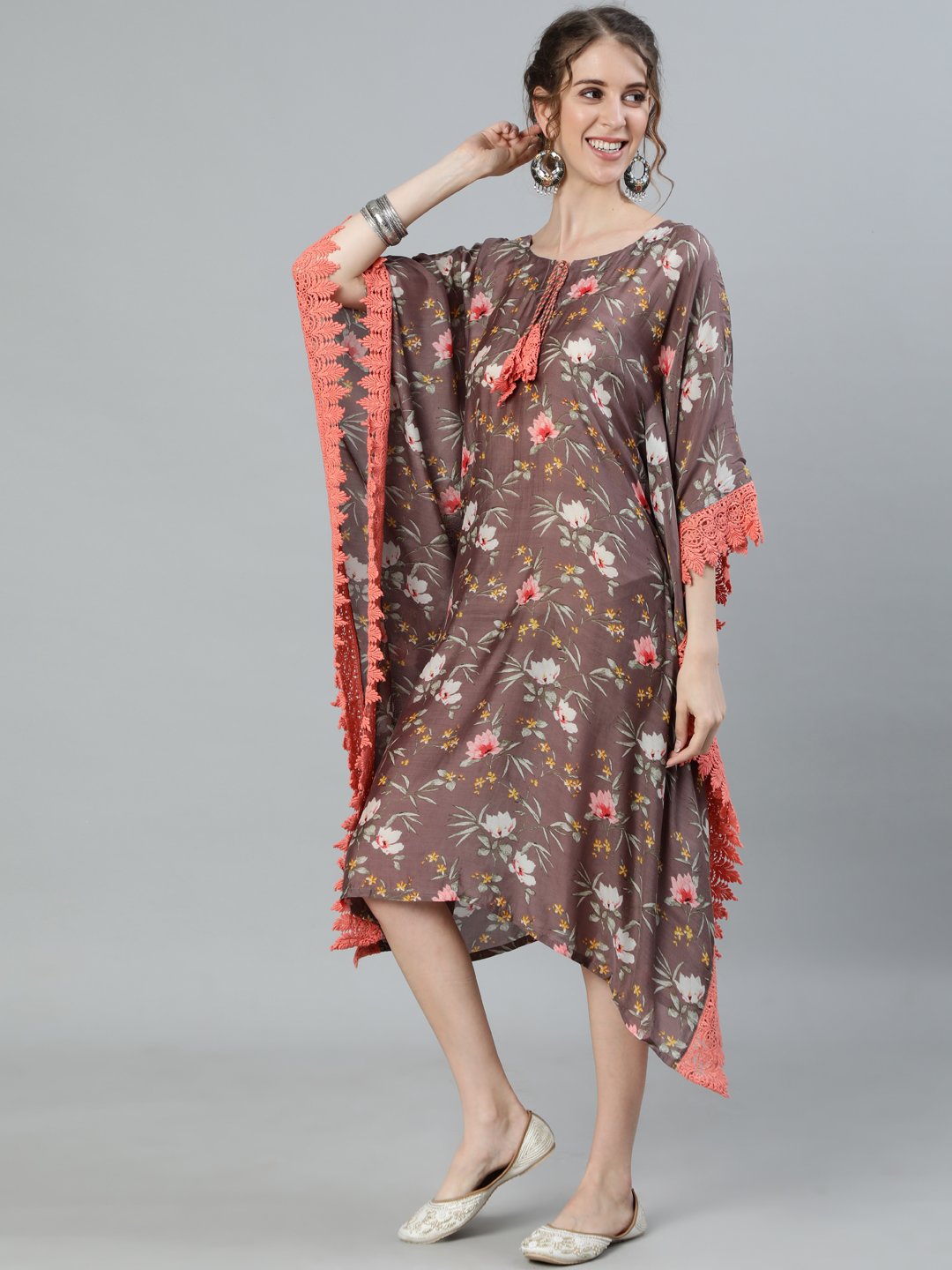 Ishin Women's Silk Brown Embellished Kaftan Dress