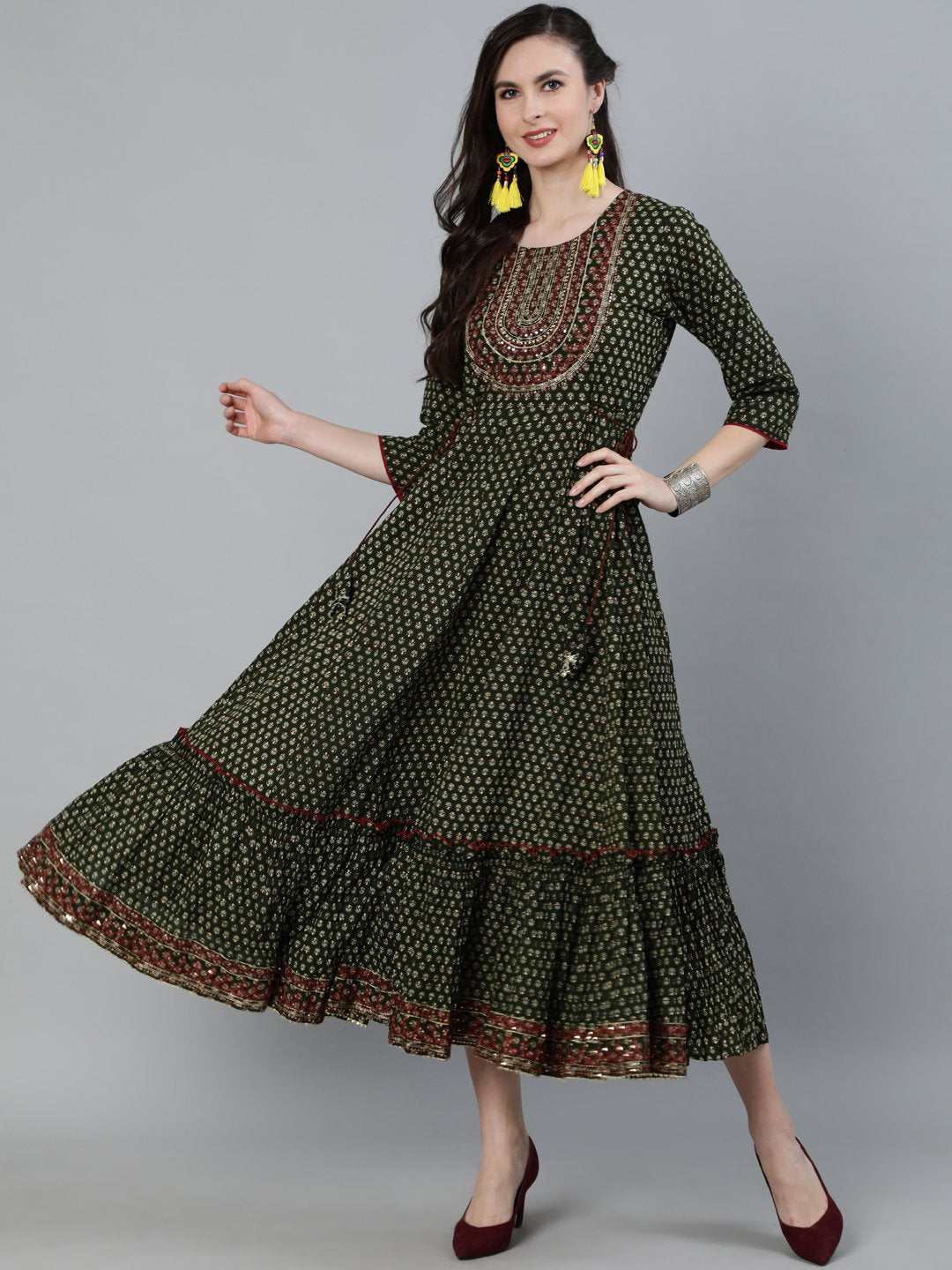 Ishin Women's Cotton Green Embroidered Anarkali Dress